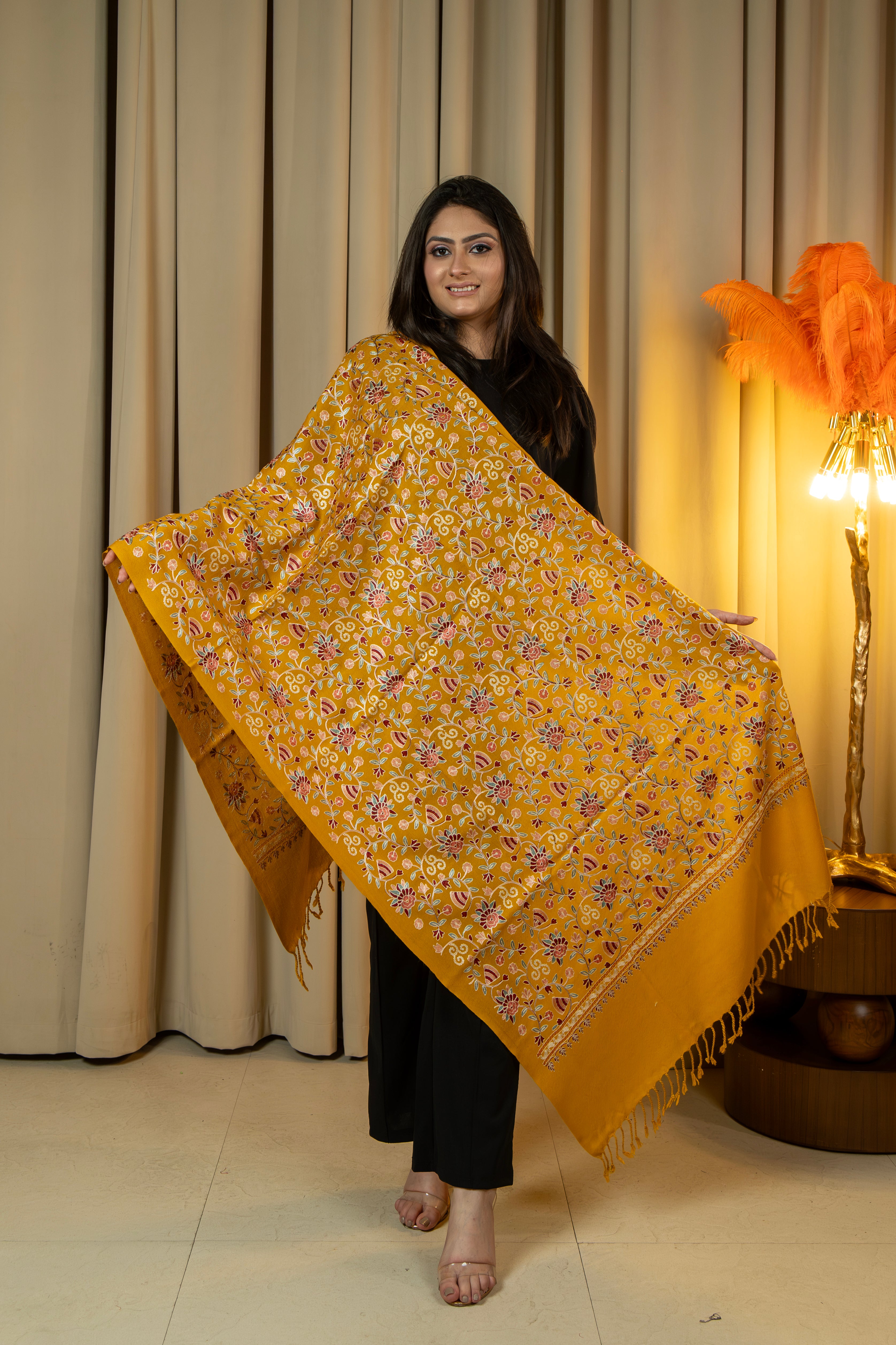 Aari Embroidered Mustard Pure Wool Stole For Women