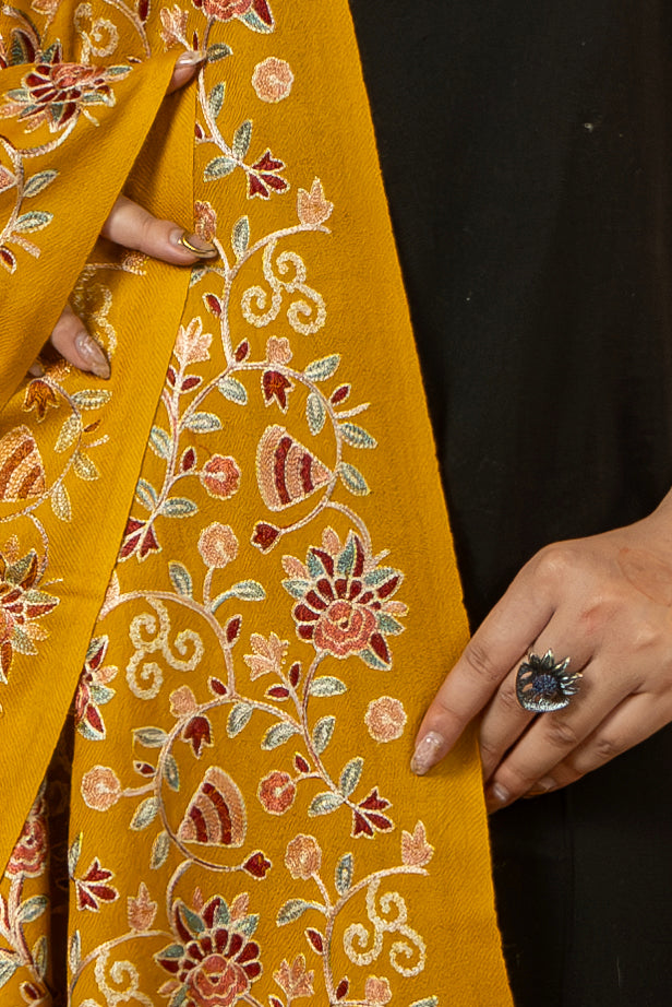 Aari Embroidered Mustard Pure Wool Stole For Women