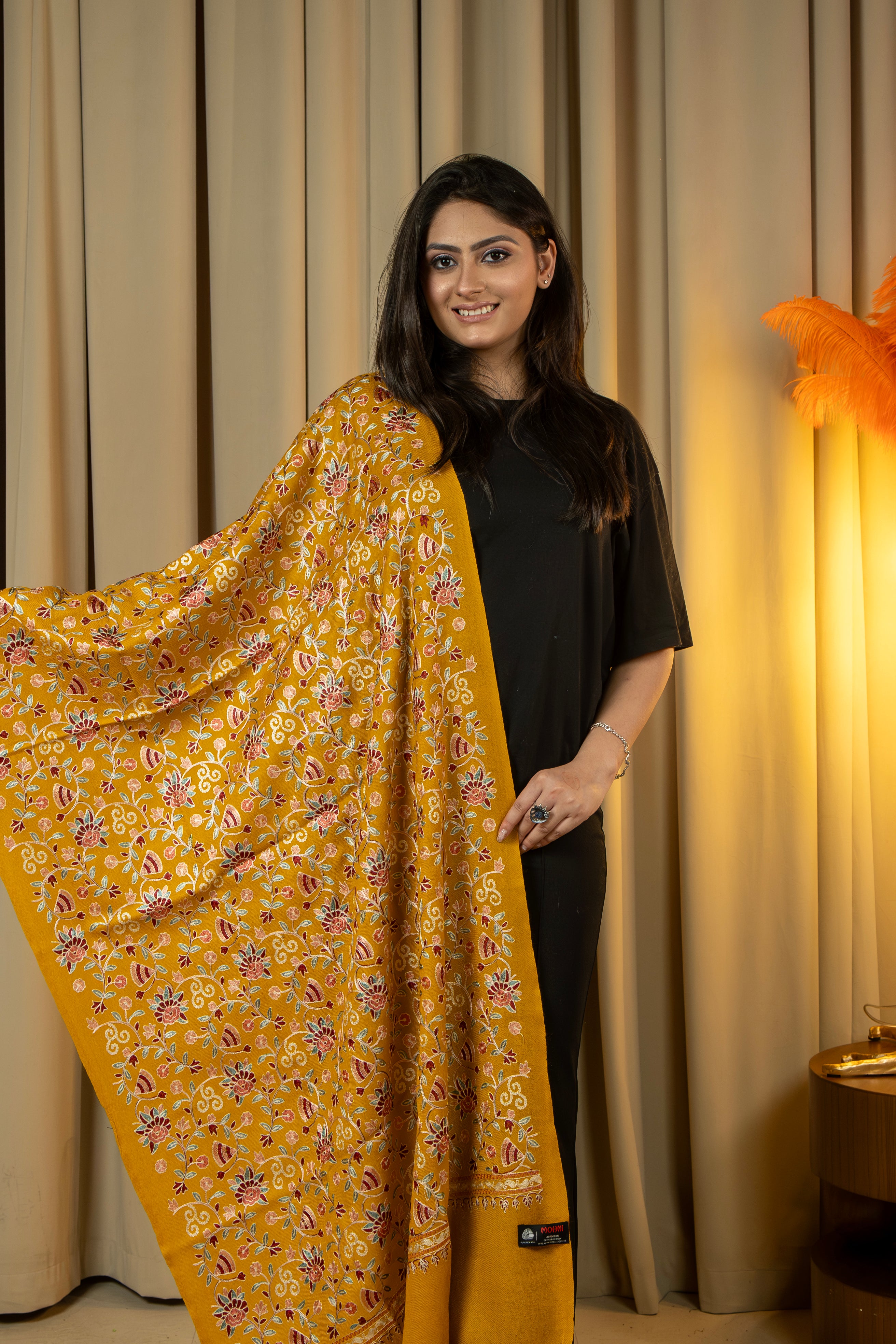 Aari Embroidered Mustard Pure Wool Stole For Women