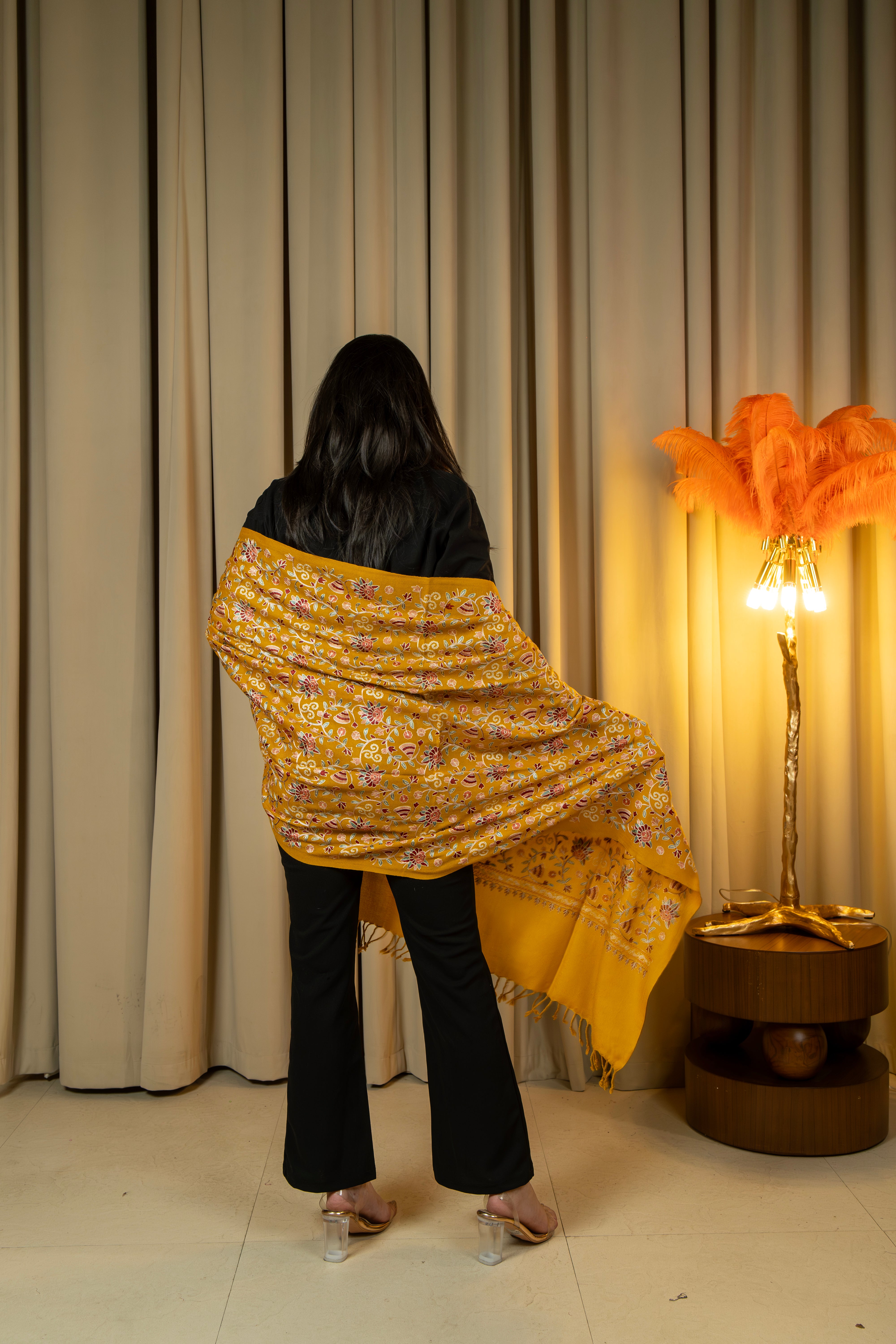 Aari Embroidered Mustard Pure Wool Stole For Women