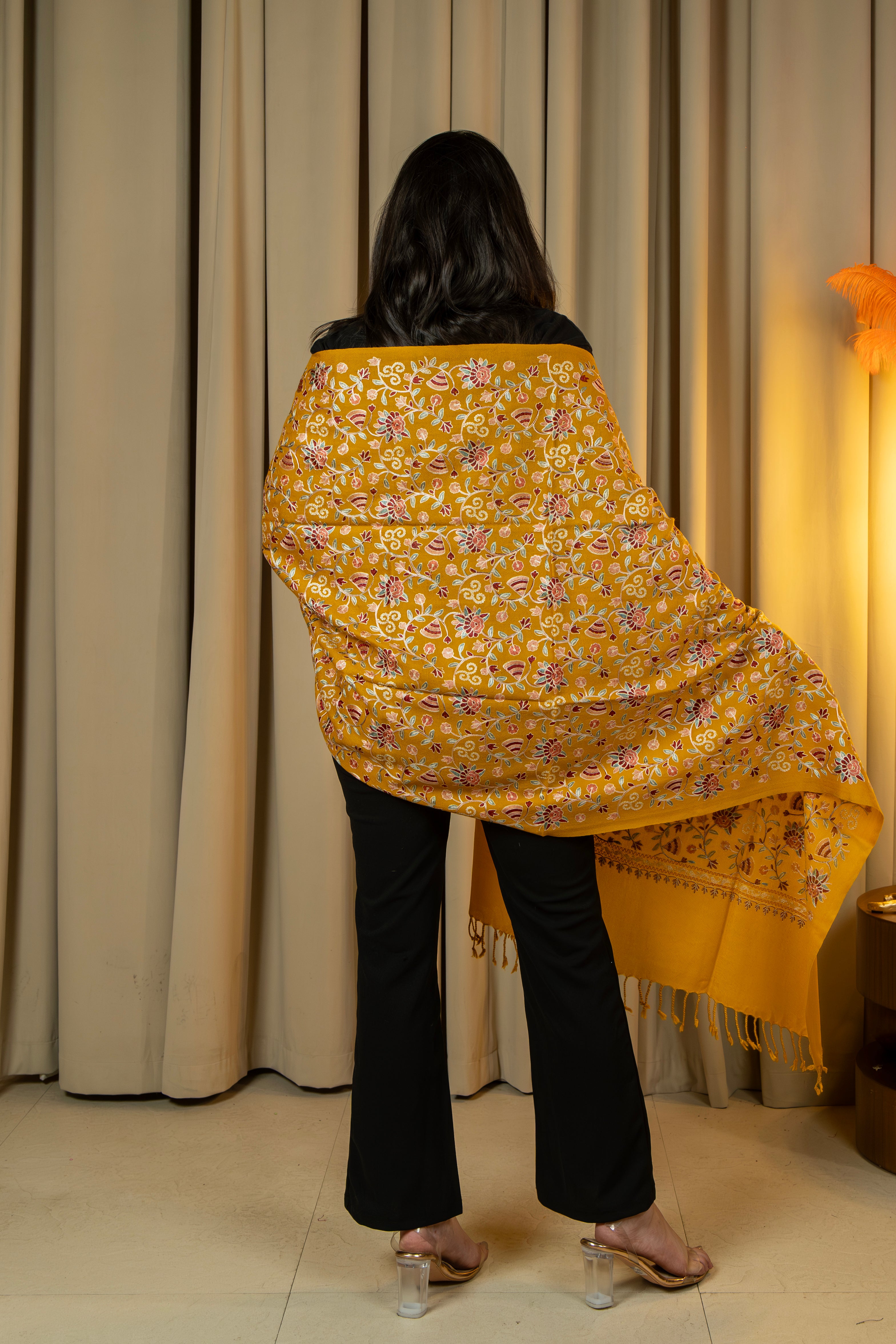 Aari Embroidered Mustard Pure Wool Stole For Women