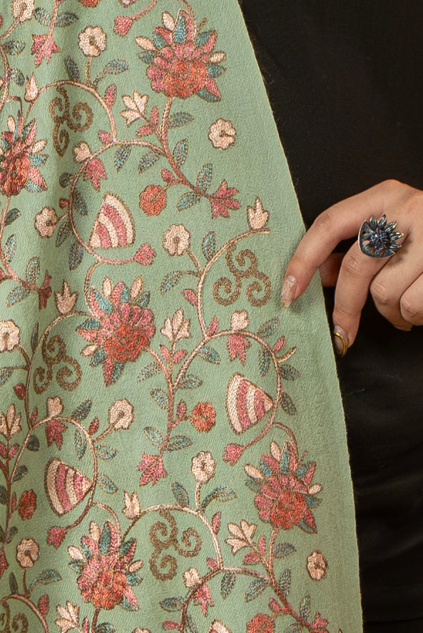 Aari Embroidered Green Pure Wool Stole For Women