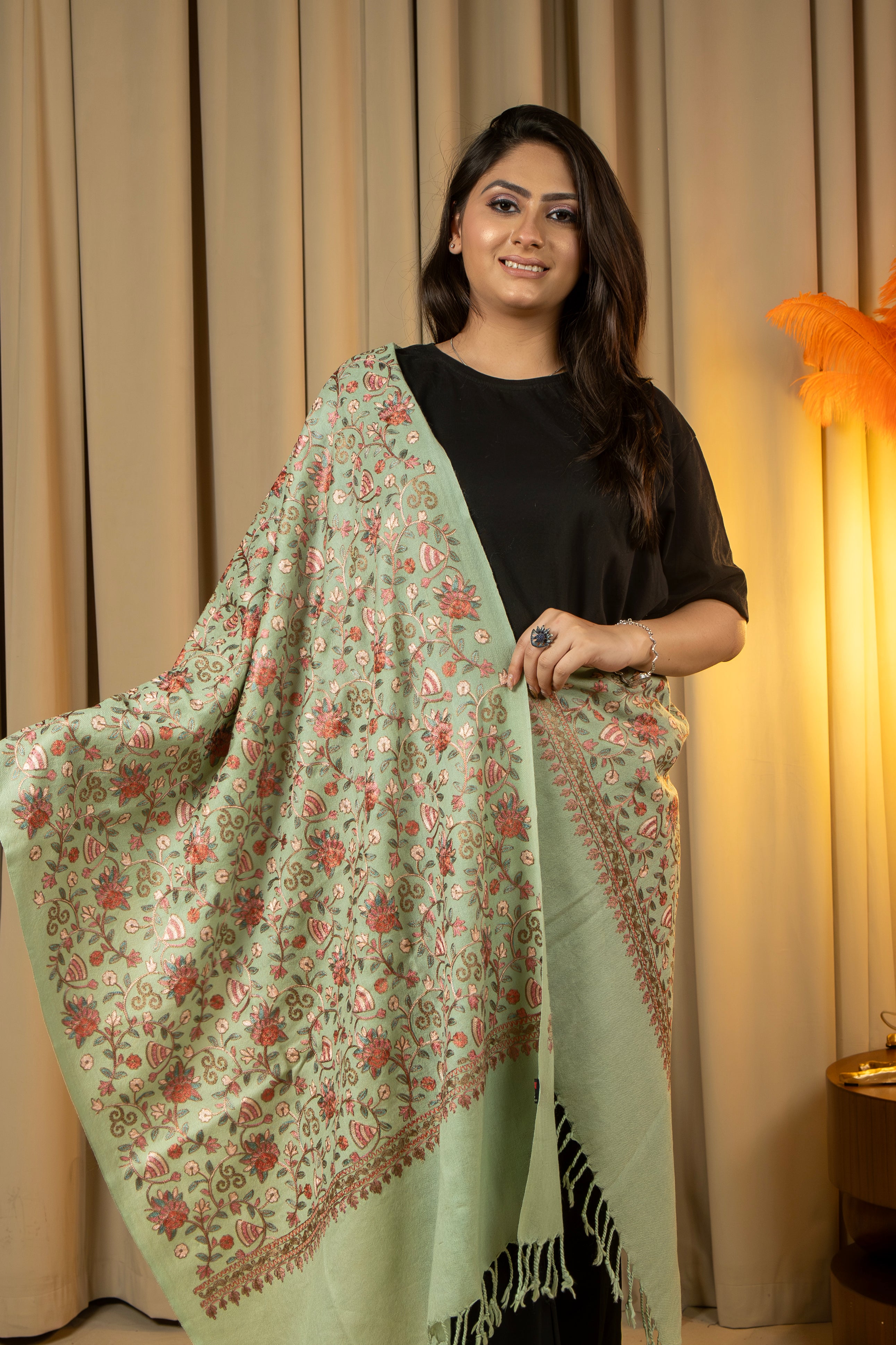 Aari Embroidered Green Pure Wool Stole For Women