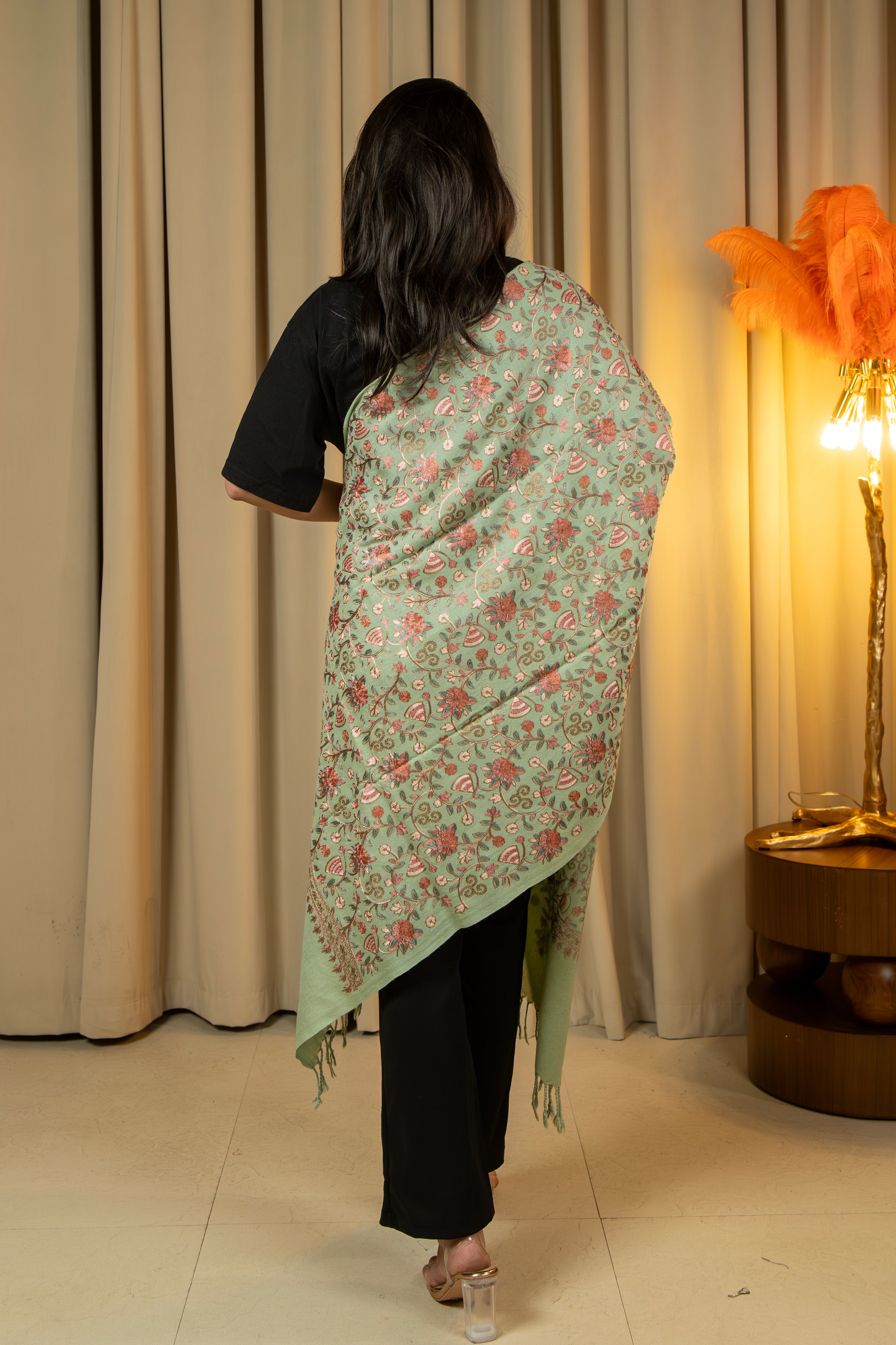 Aari Embroidered Green Pure Wool Stole For Women