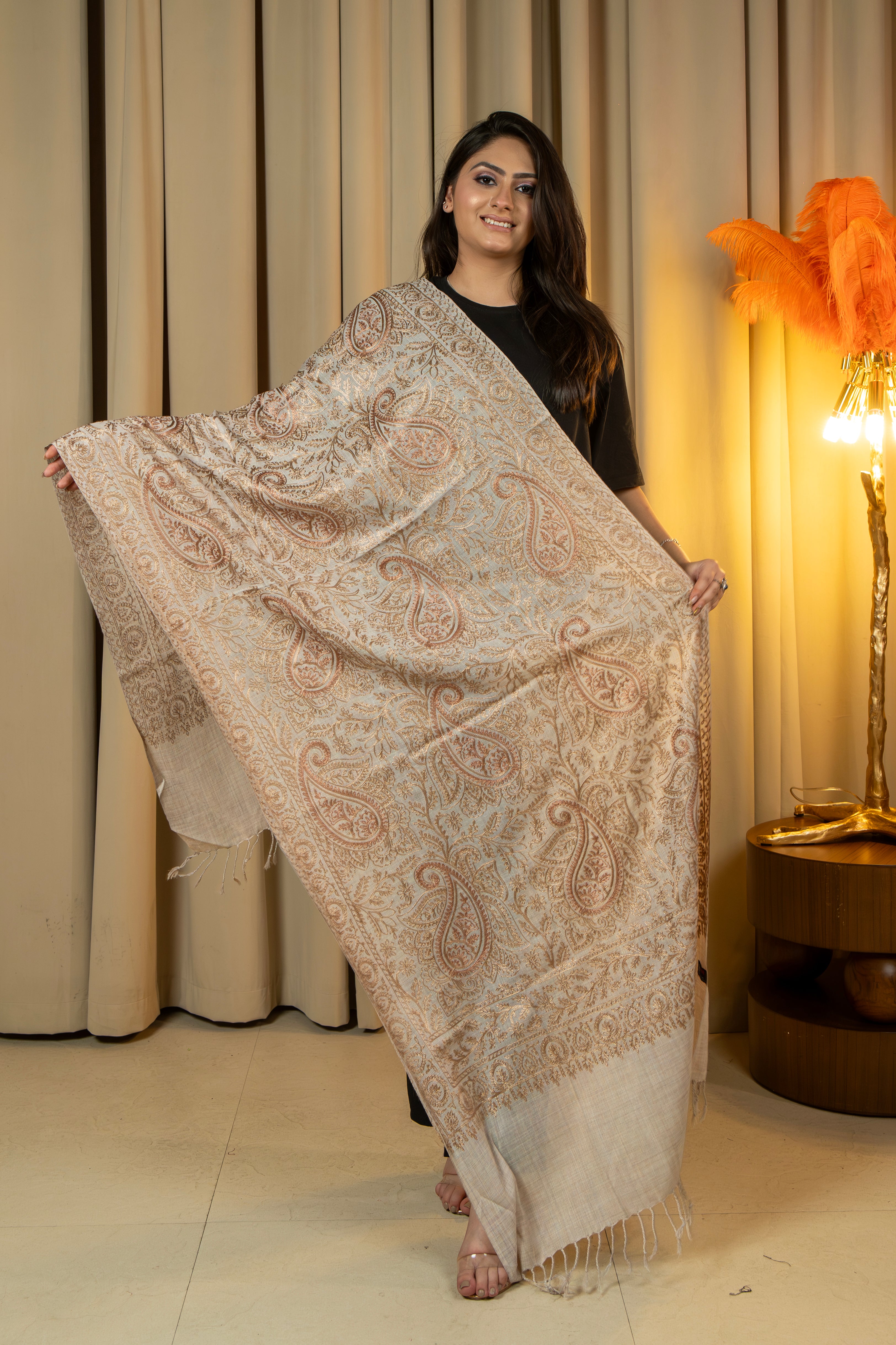 Aari Embroidered Beige Poly Wool Stole For Women
