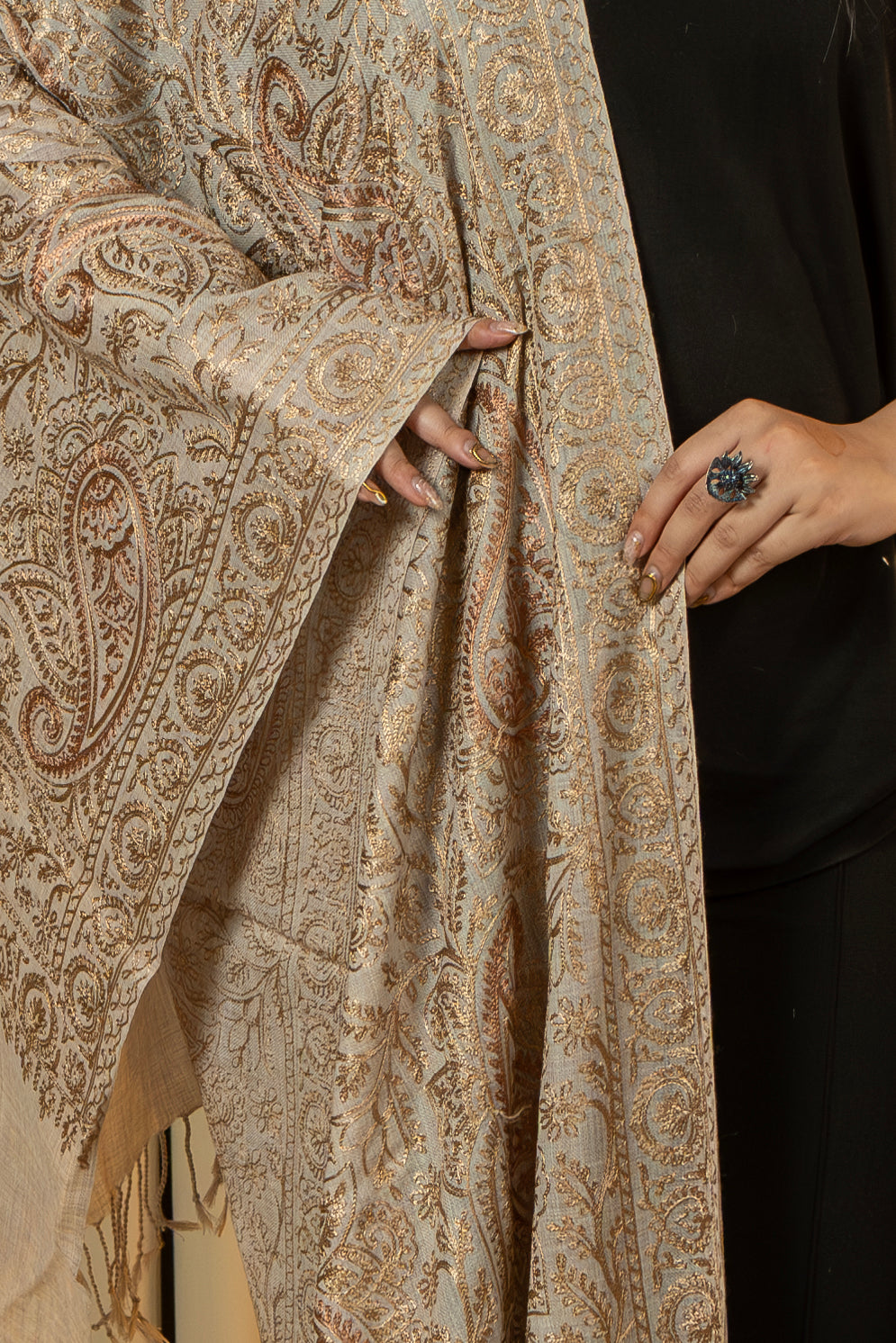 Aari Embroidered Beige Poly Wool Stole For Women