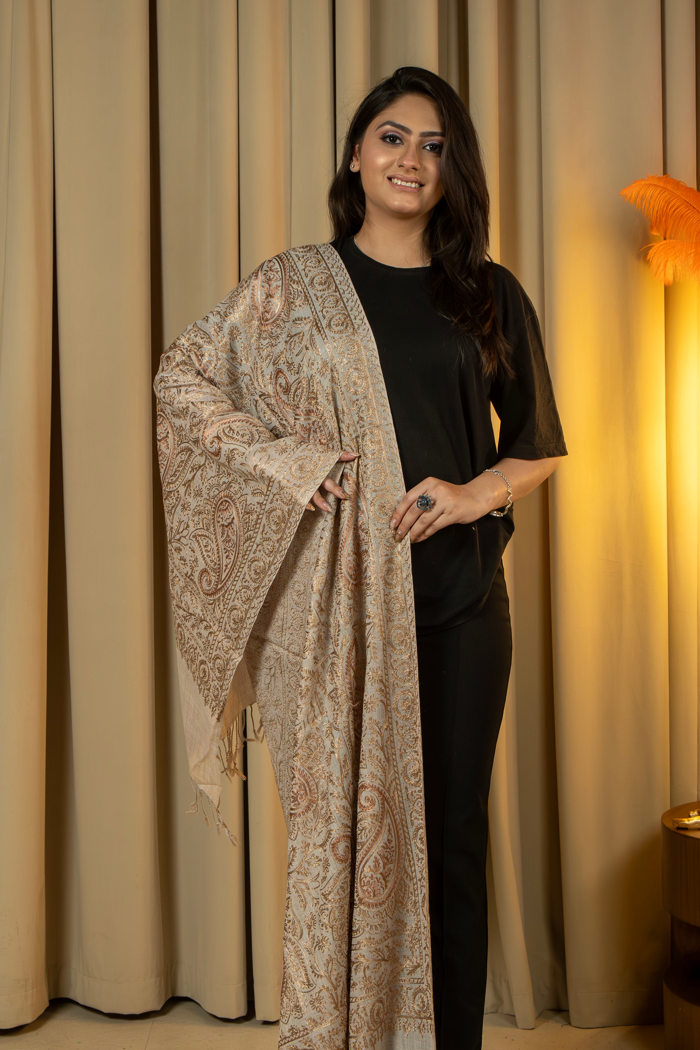 Aari Embroidered Beige Poly Wool Stole For Women