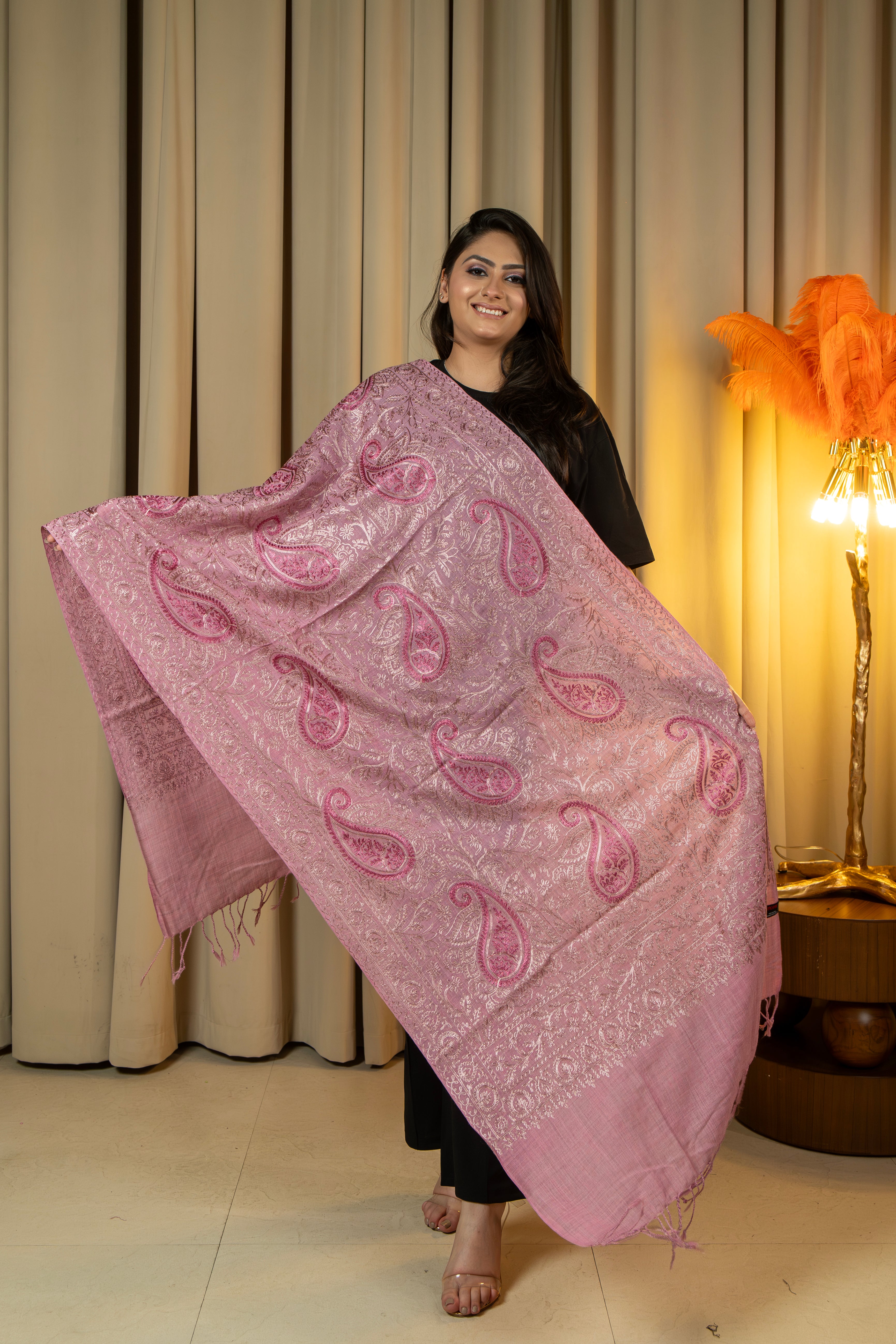 Aari Embroidered Pink Poly Wool Stole For Women