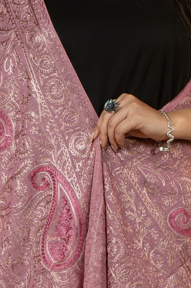 Aari Embroidered Pink Poly Wool Stole For Women