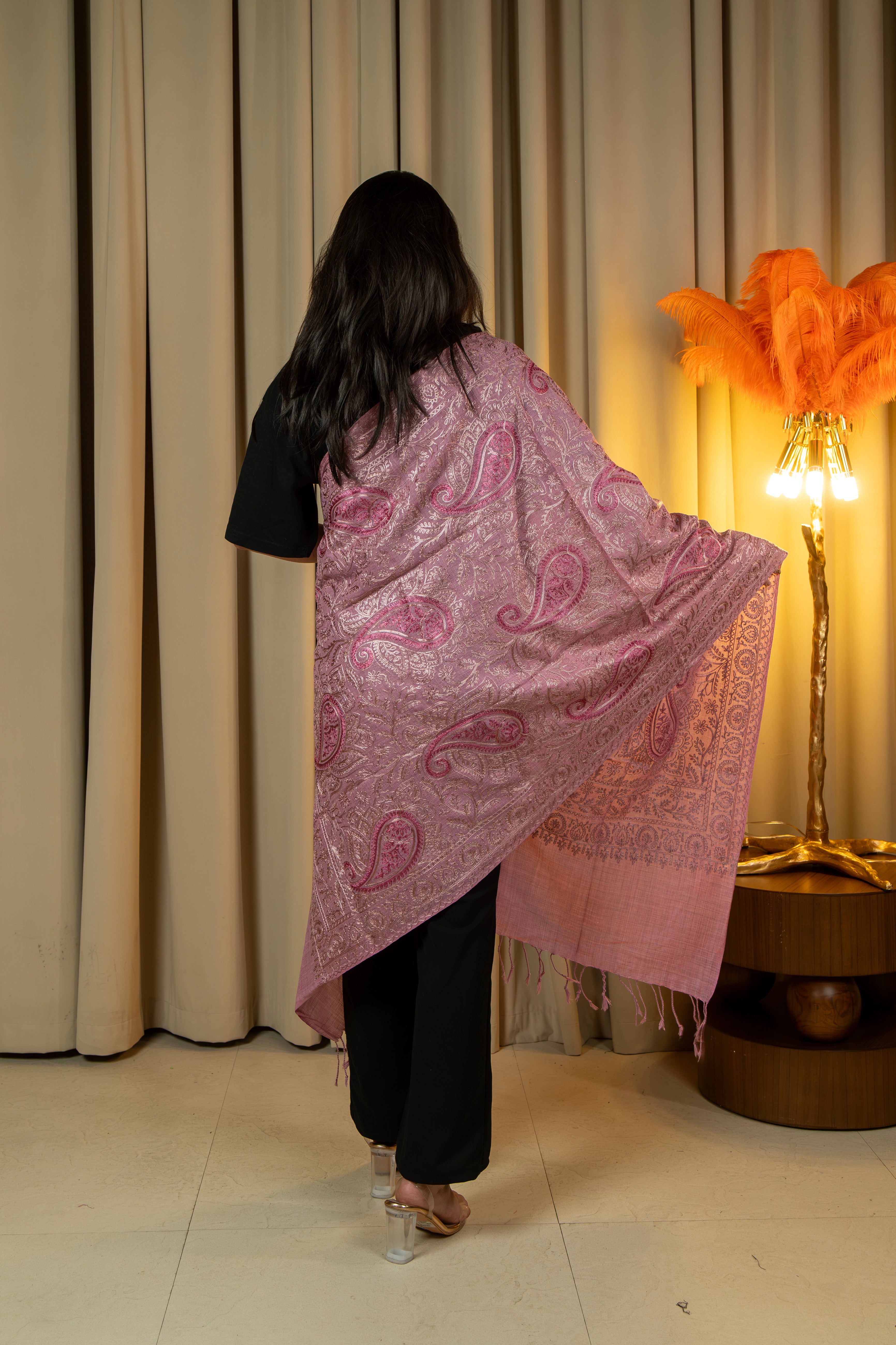 Aari Embroidered Pink Poly Wool Stole For Women