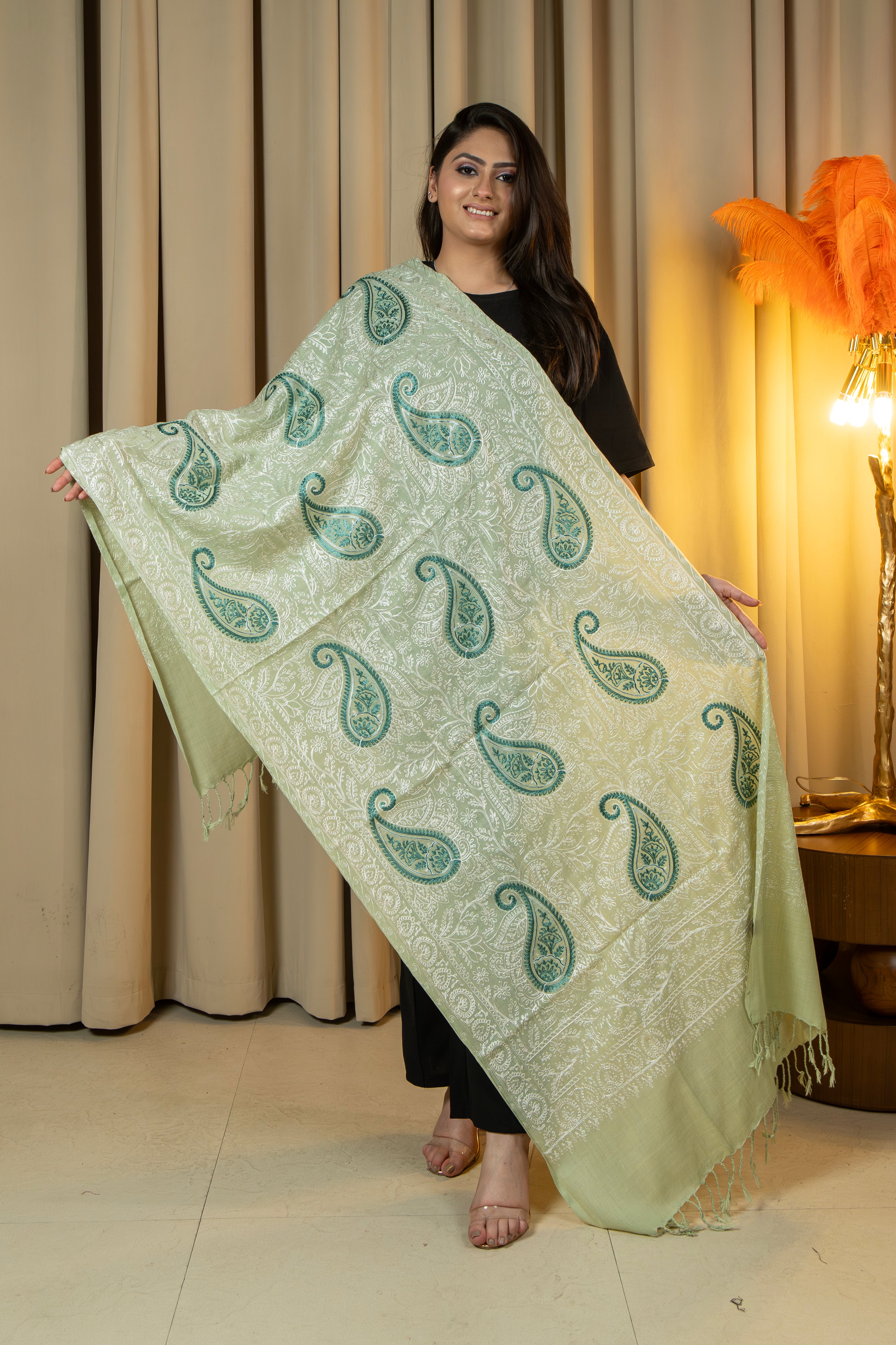 Aari Embroidered Light Green Poly Wool Stole For Women