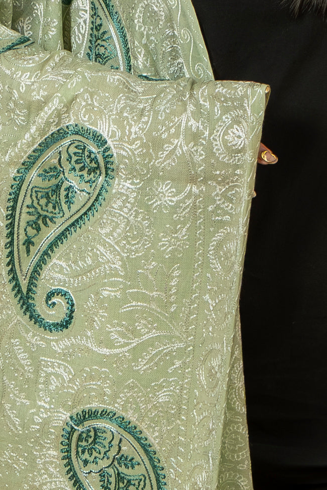 Aari Embroidered Light Green Poly Wool Stole For Women