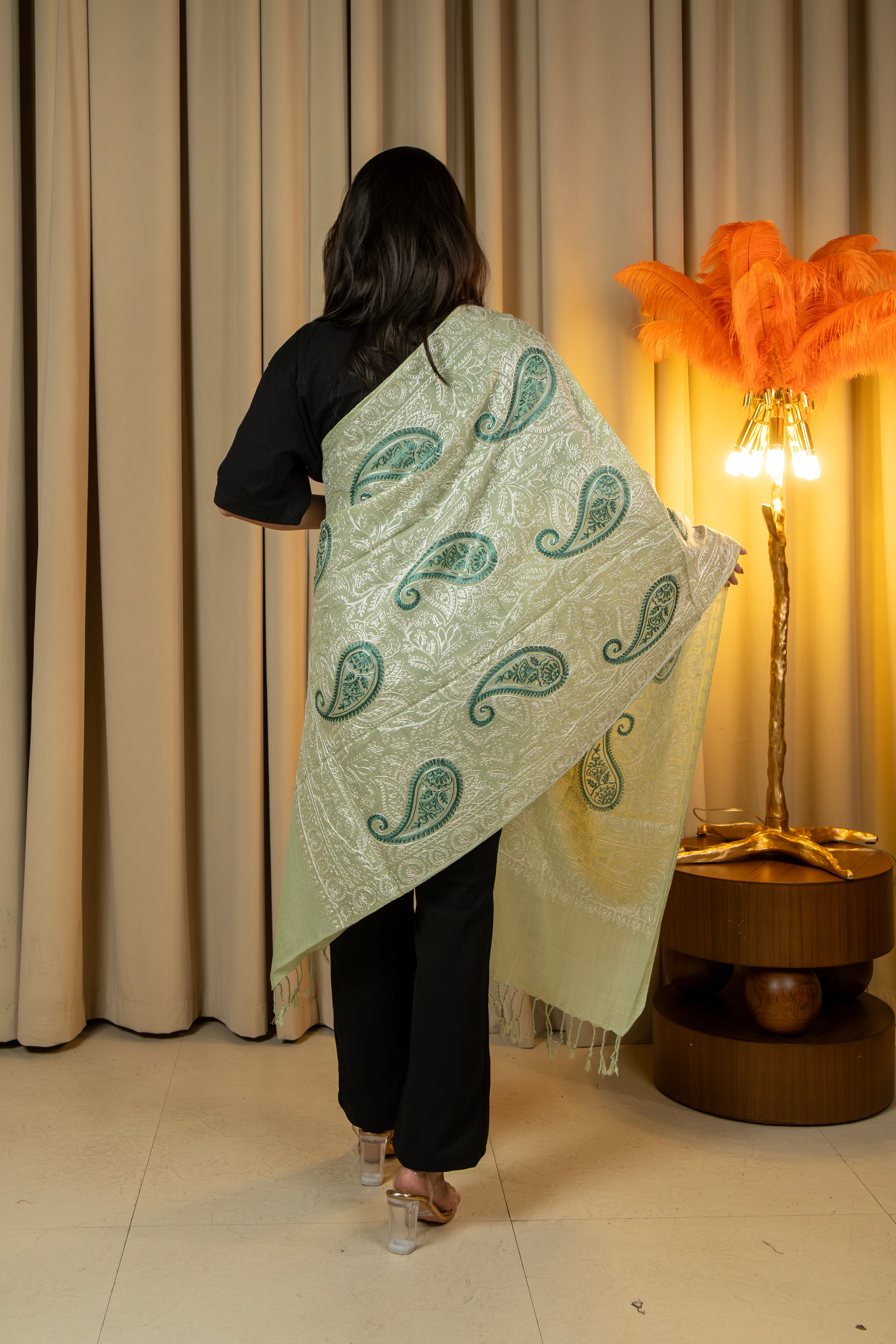 Aari Embroidered Light Green Poly Wool Stole For Women