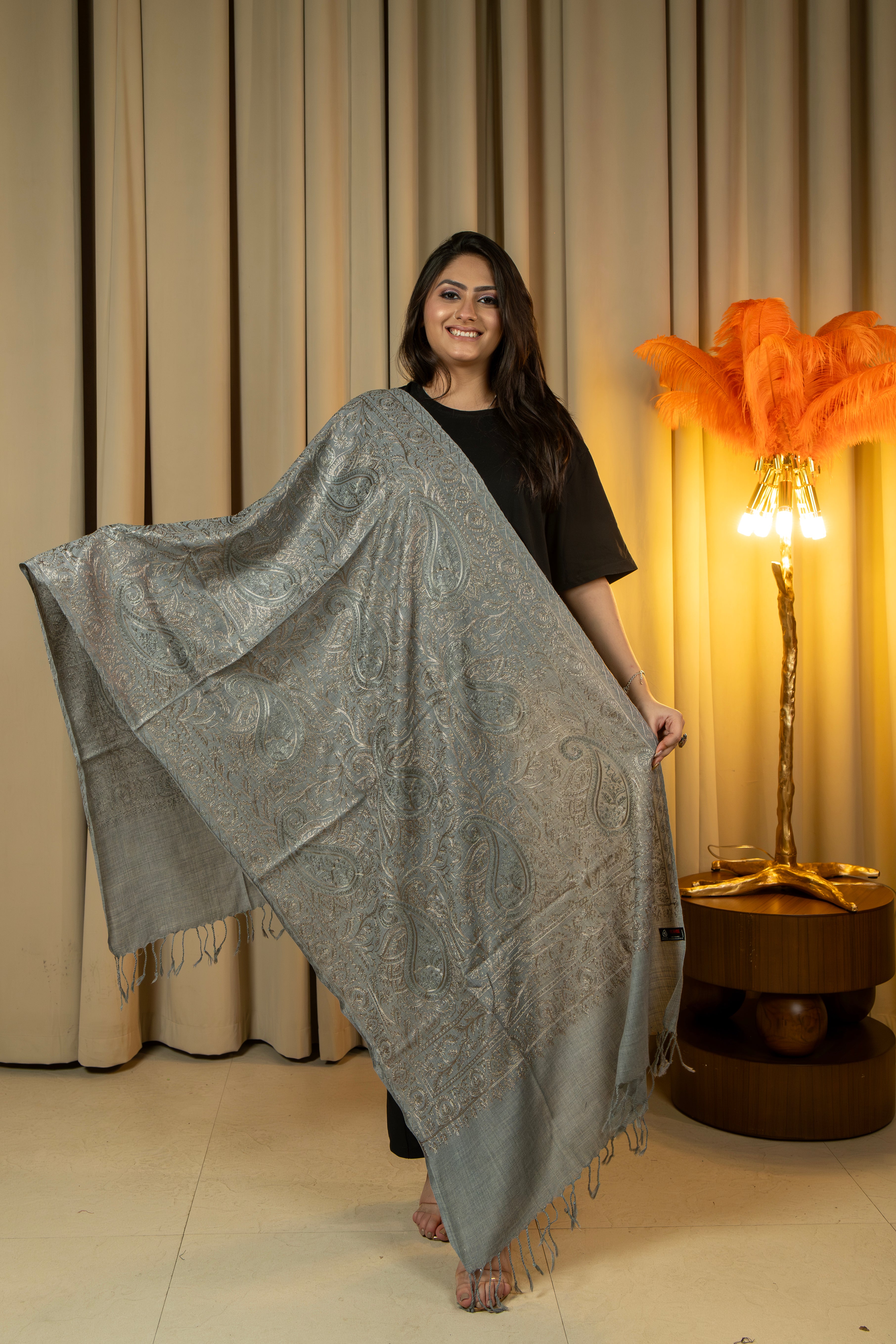 Aari Embroidered Grey Poly Wool Stole For Women
