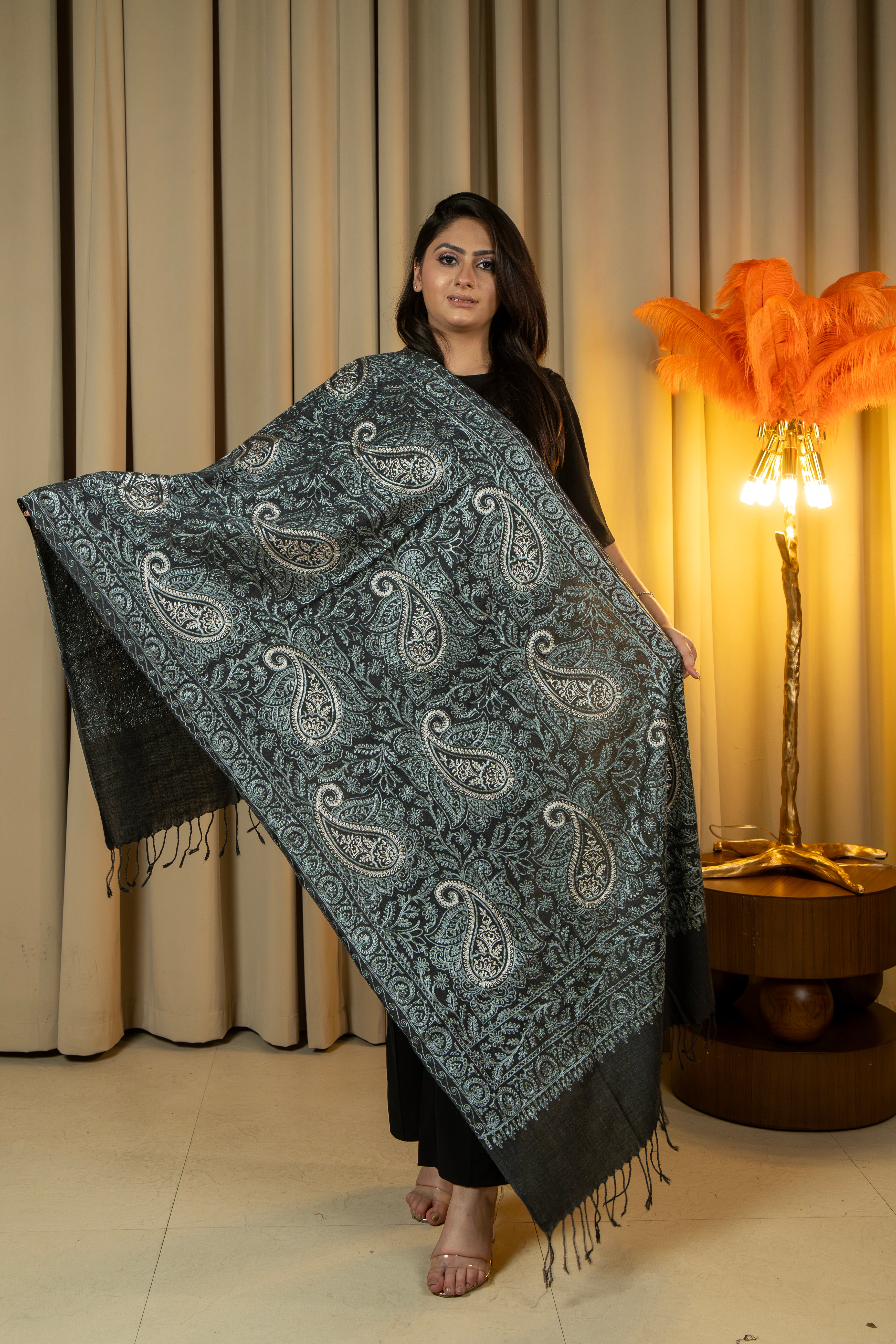 Aari Embroidered Dark Grey Poly Wool Stole For Women