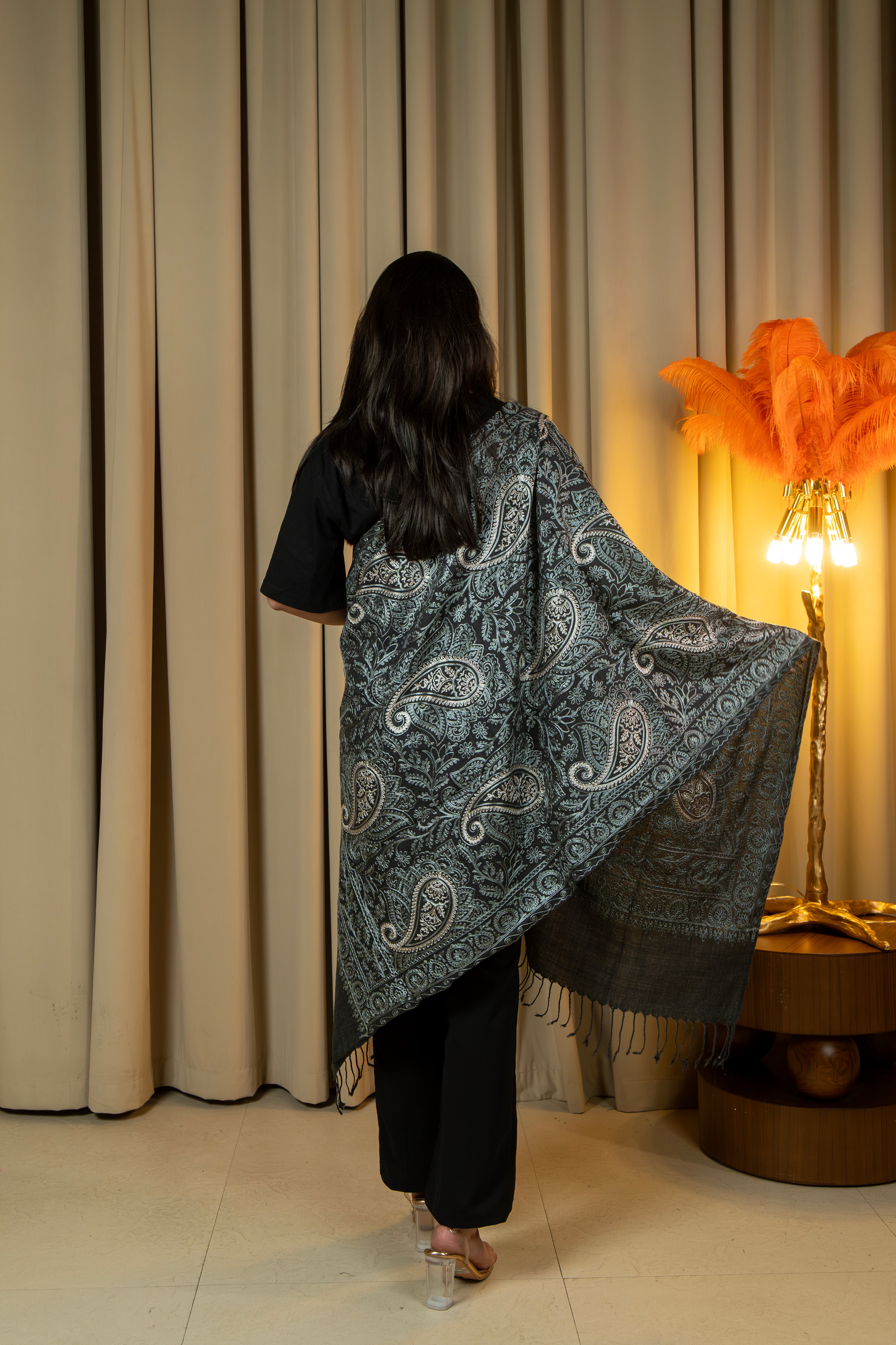 Aari Embroidered Dark Grey Poly Wool Stole For Women