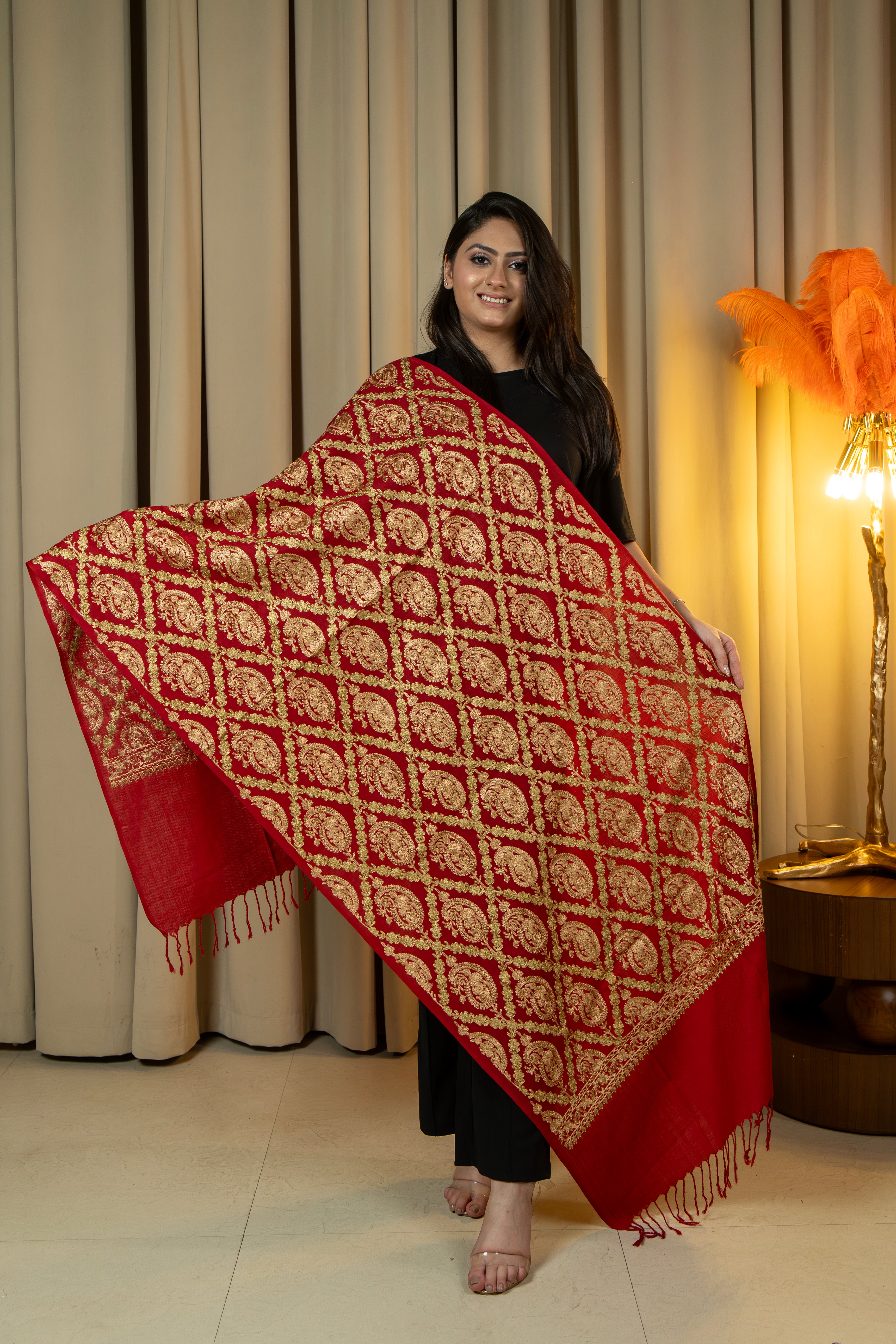 Aari Embroidered Red Poly Wool Stole For Women