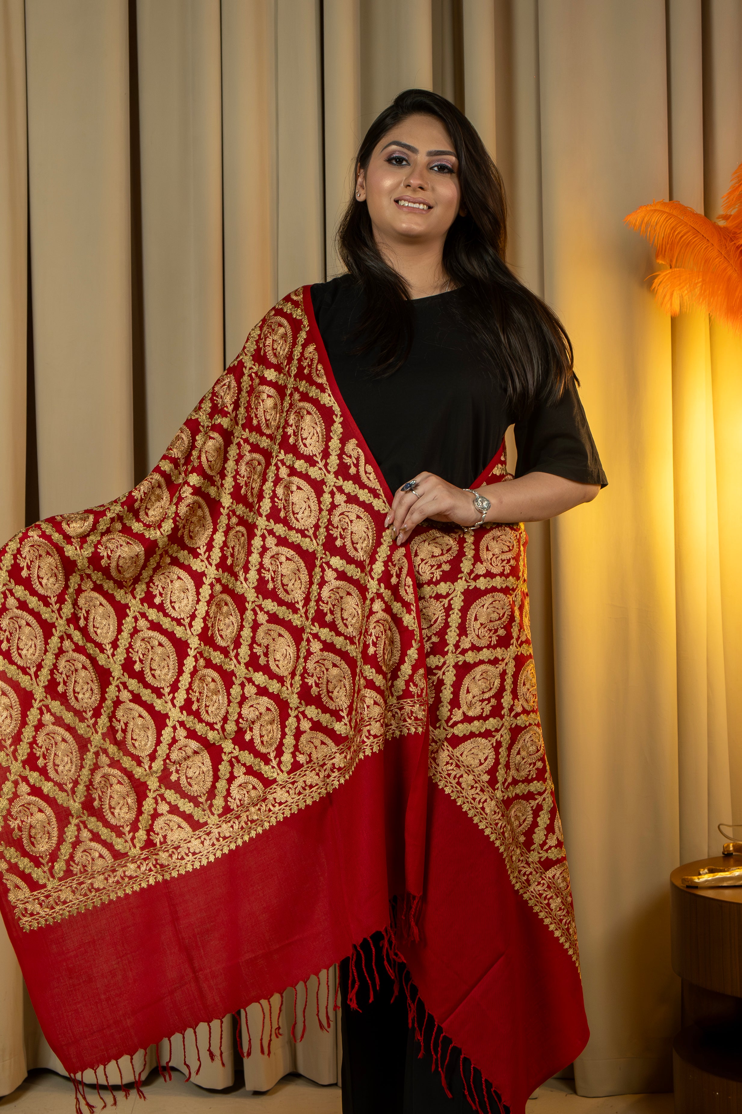 Aari Embroidered Red Poly Wool Stole For Women