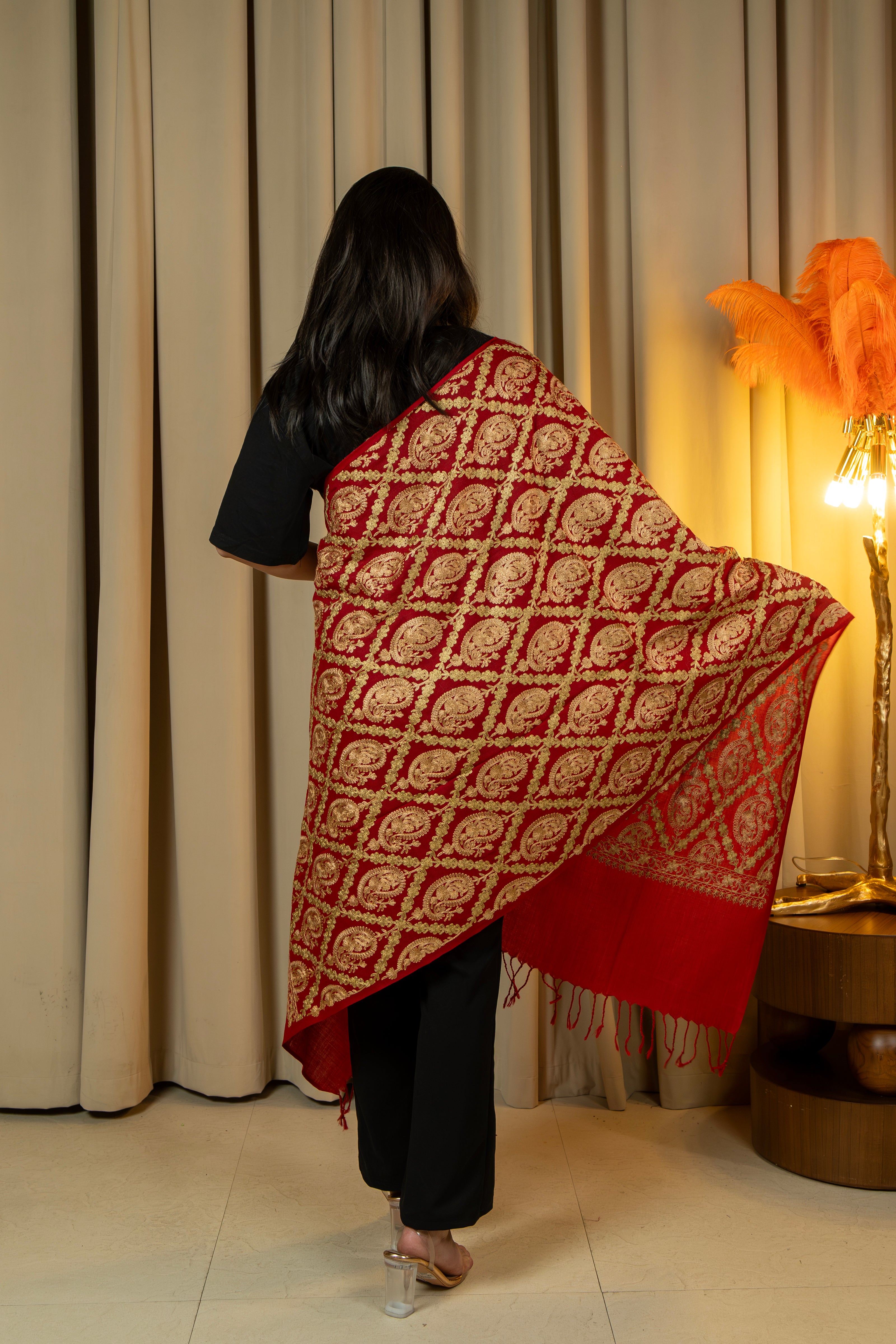 Aari Embroidered Red Poly Wool Stole For Women