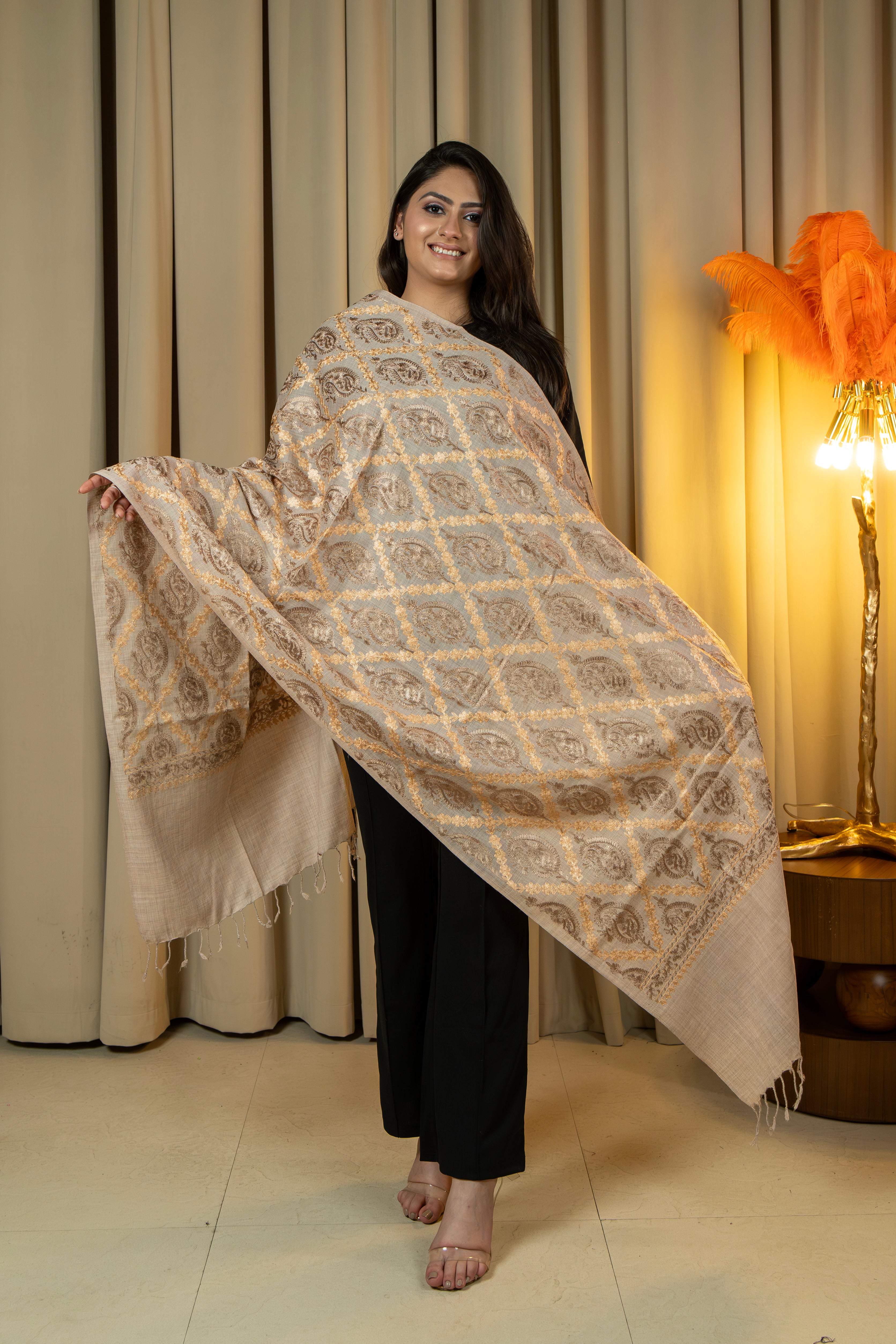 Aari Embroidered Beige Poly Wool Stole For Women