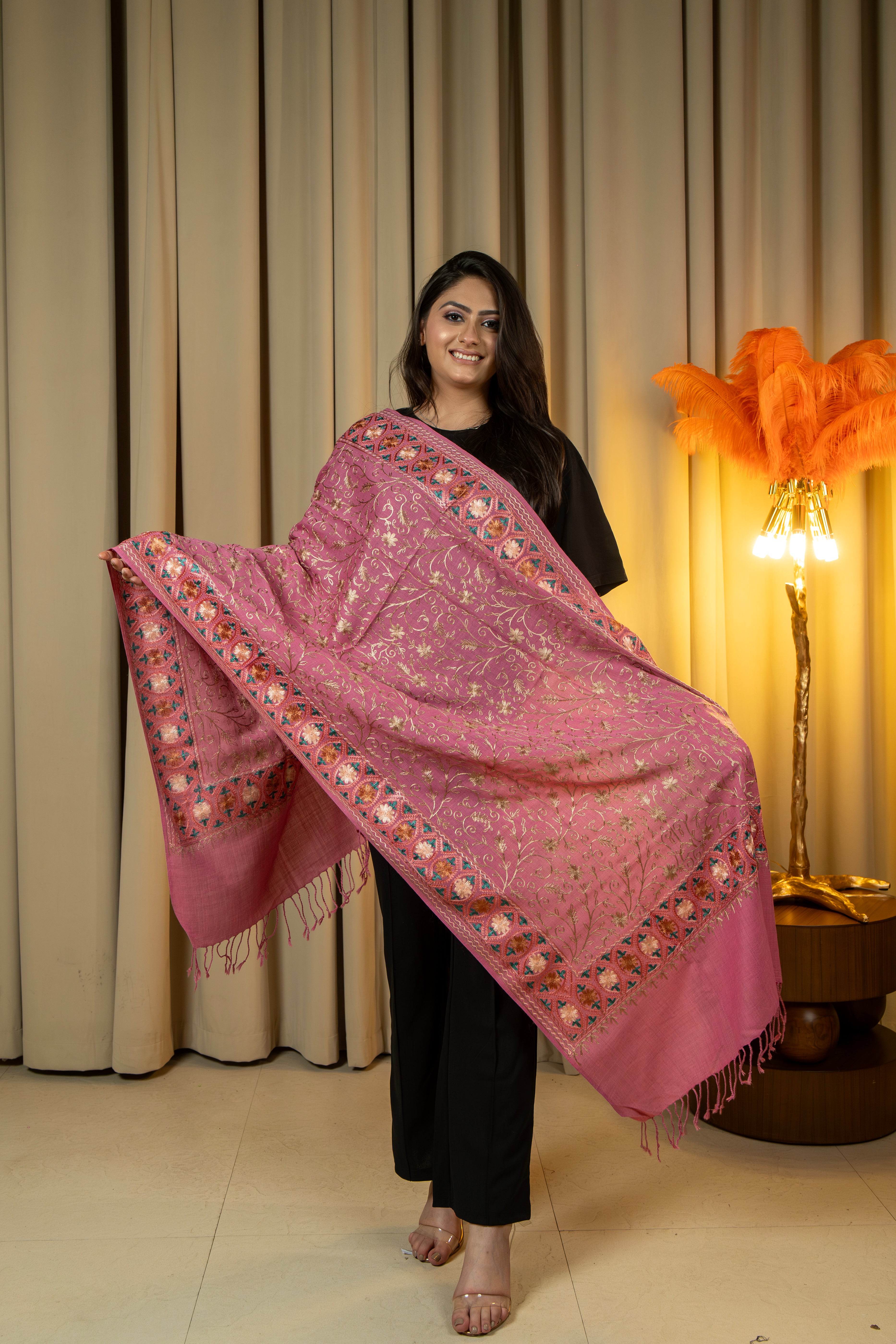 Aari Embroidered Pink Poly Wool Stole For Women