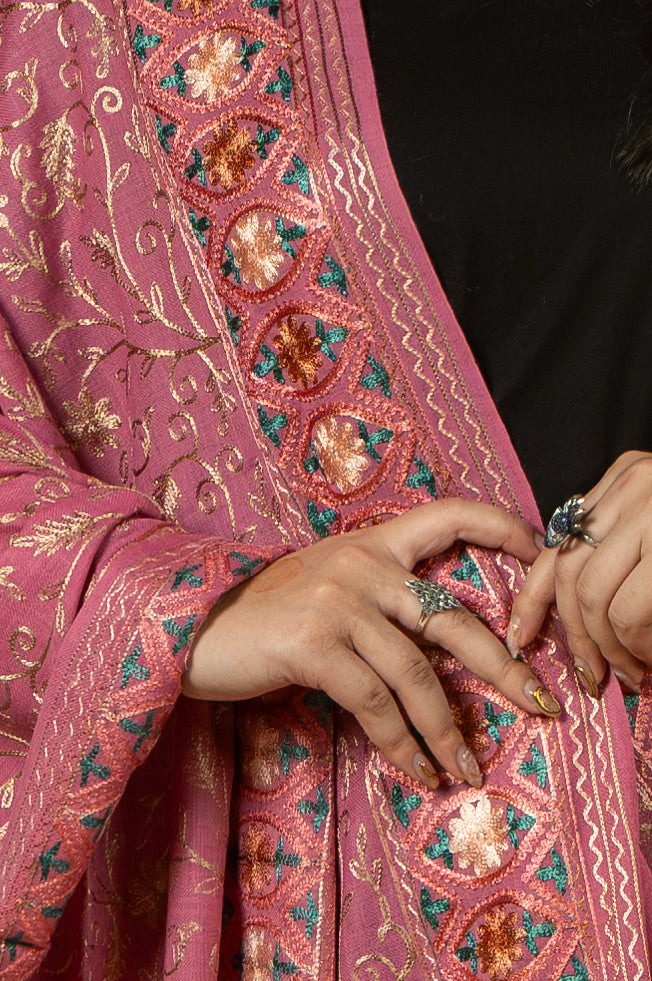 Aari Embroidered Pink Poly Wool Stole For Women