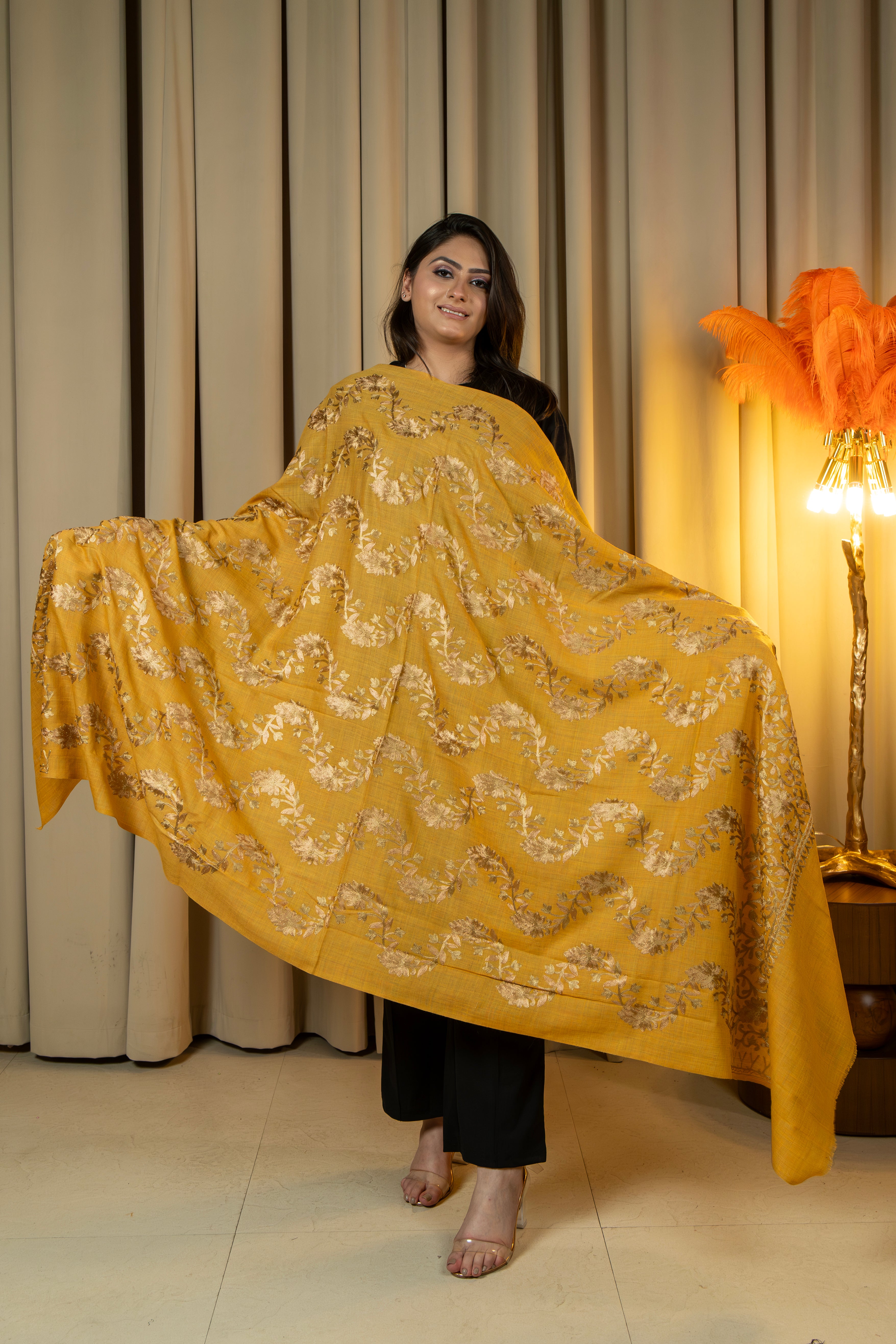Aari Embroidered Mustard Poly Wool Shawl For Women