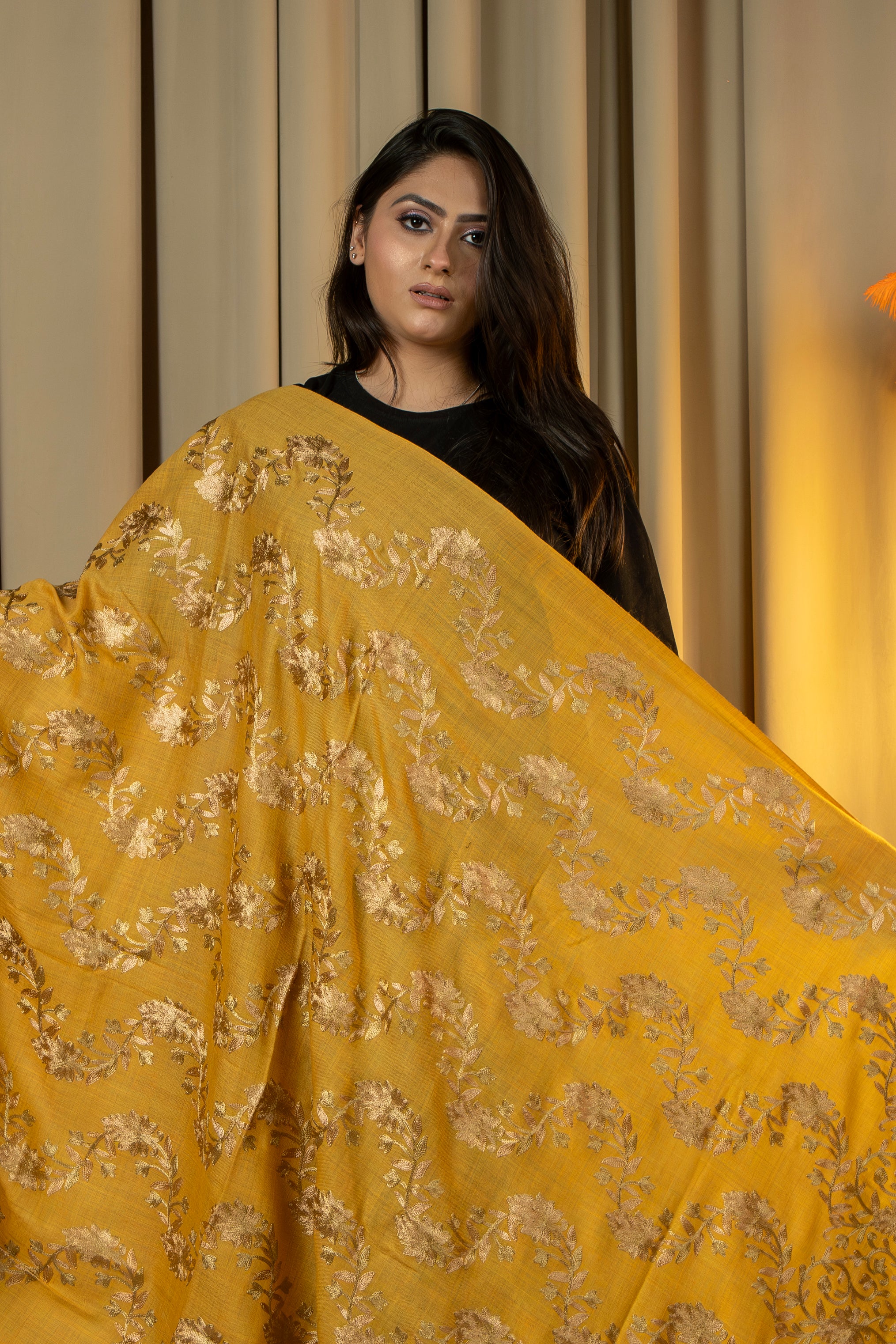 Aari Embroidered Mustard Poly Wool Shawl For Women