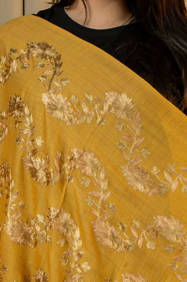 Aari Embroidered Mustard Poly Wool Shawl For Women