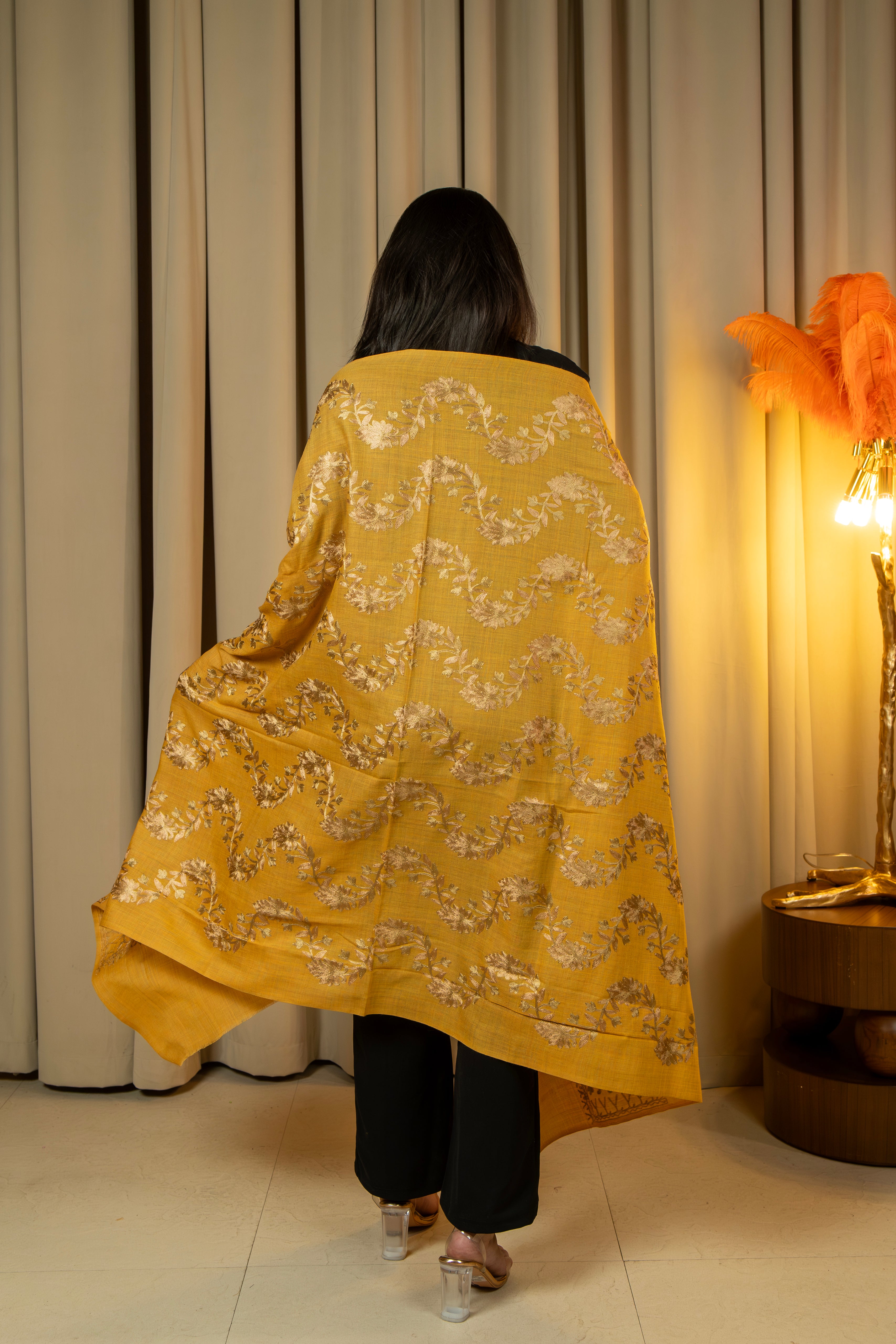 Aari Embroidered Mustard Poly Wool Shawl For Women