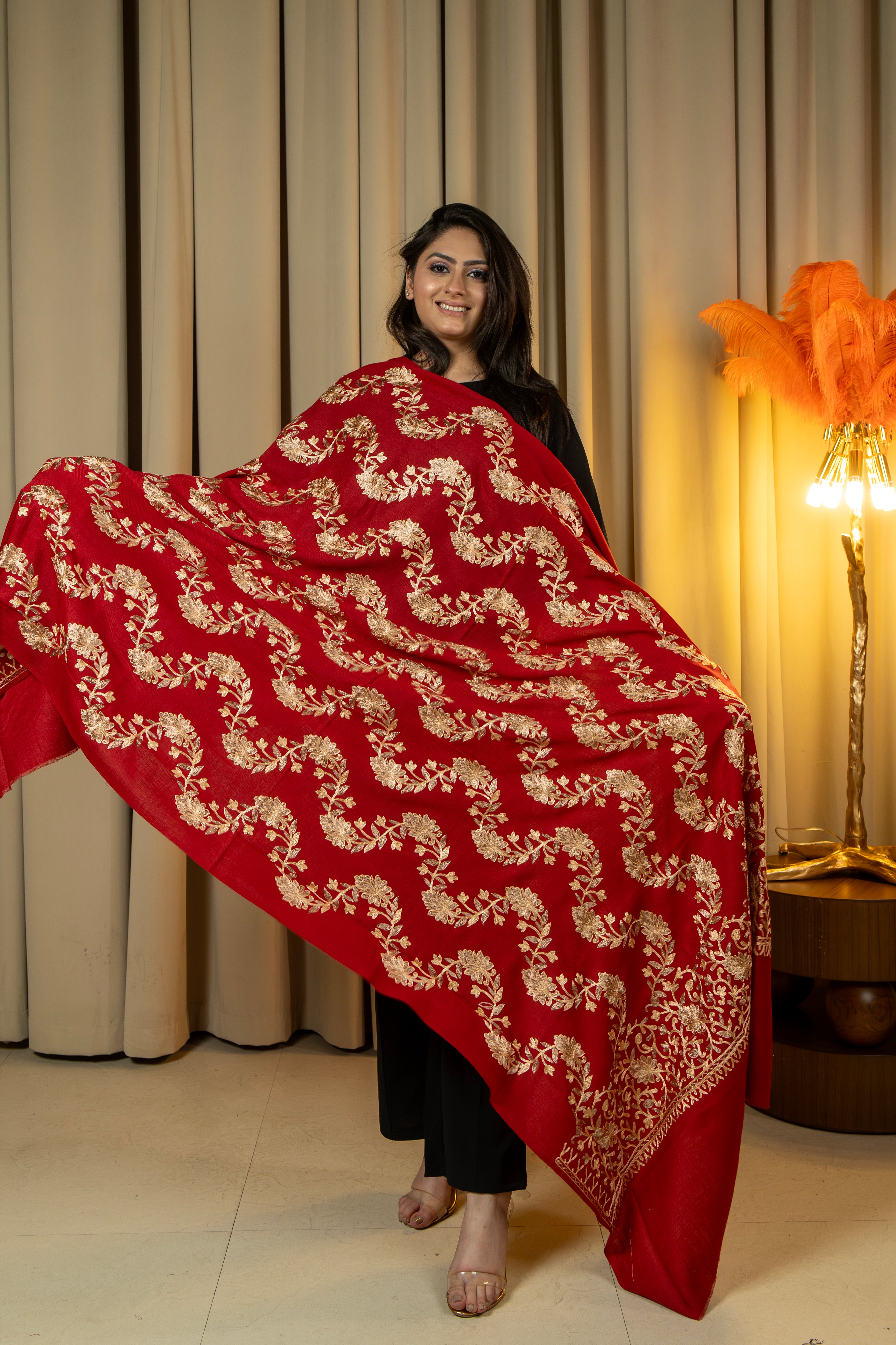 Aari Embroidered Red Poly Wool Shawl For Women