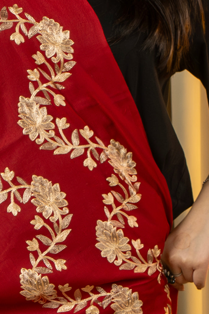 Aari Embroidered Red Poly Wool Shawl For Women