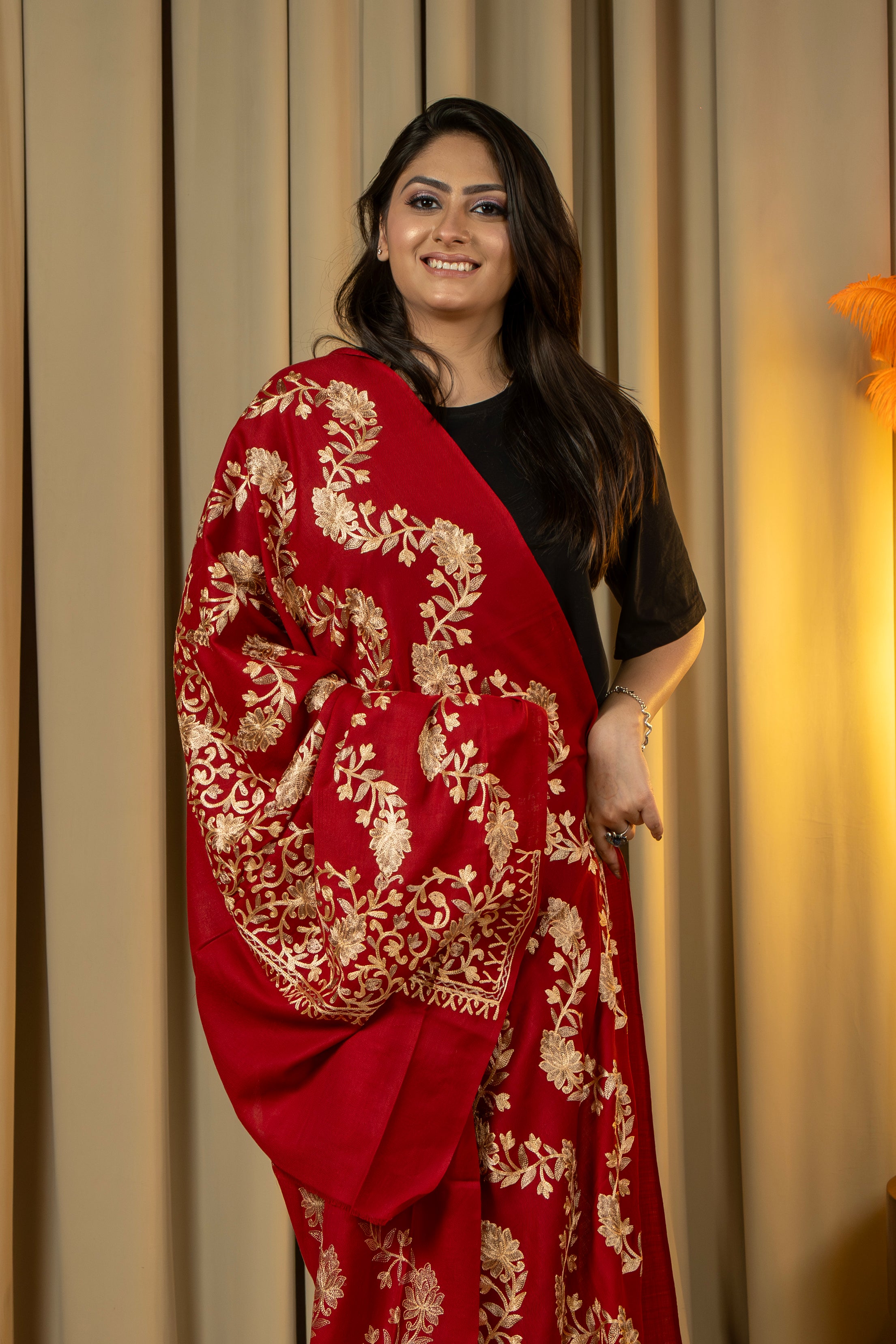 Aari Embroidered Red Poly Wool Shawl For Women