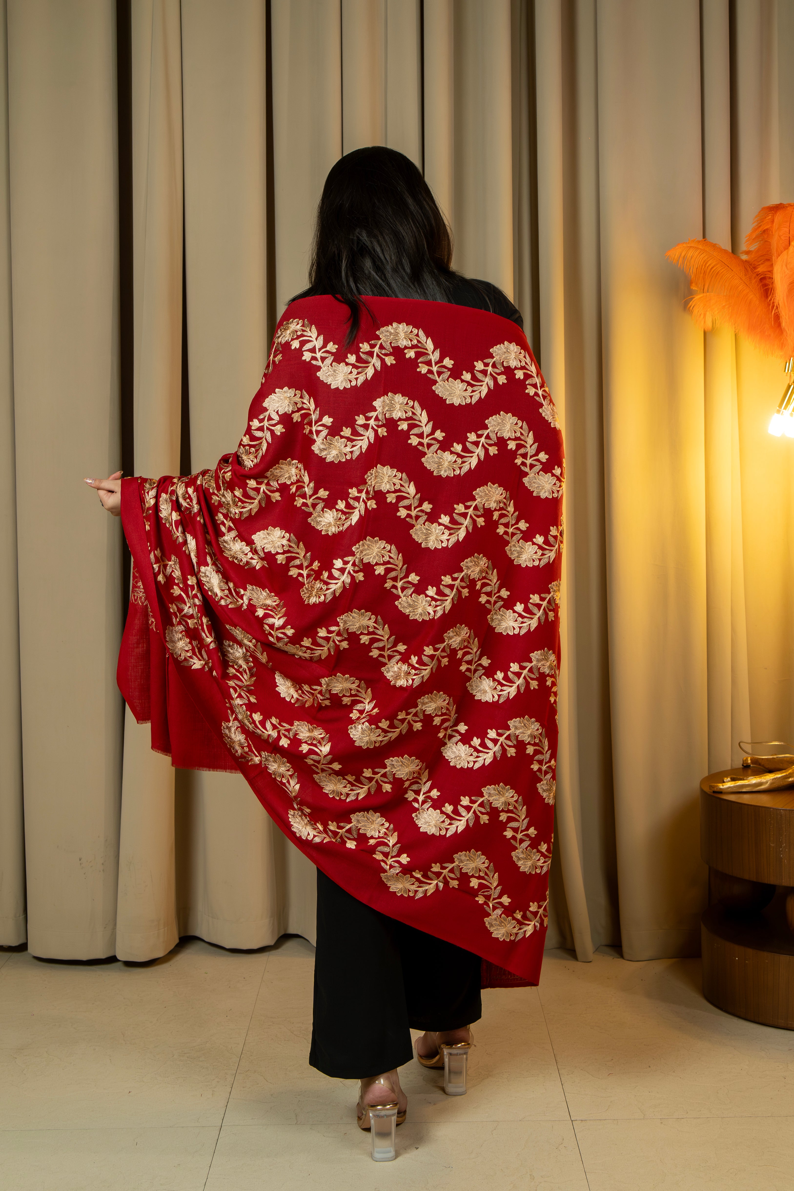 Aari Embroidered Red Poly Wool Shawl For Women