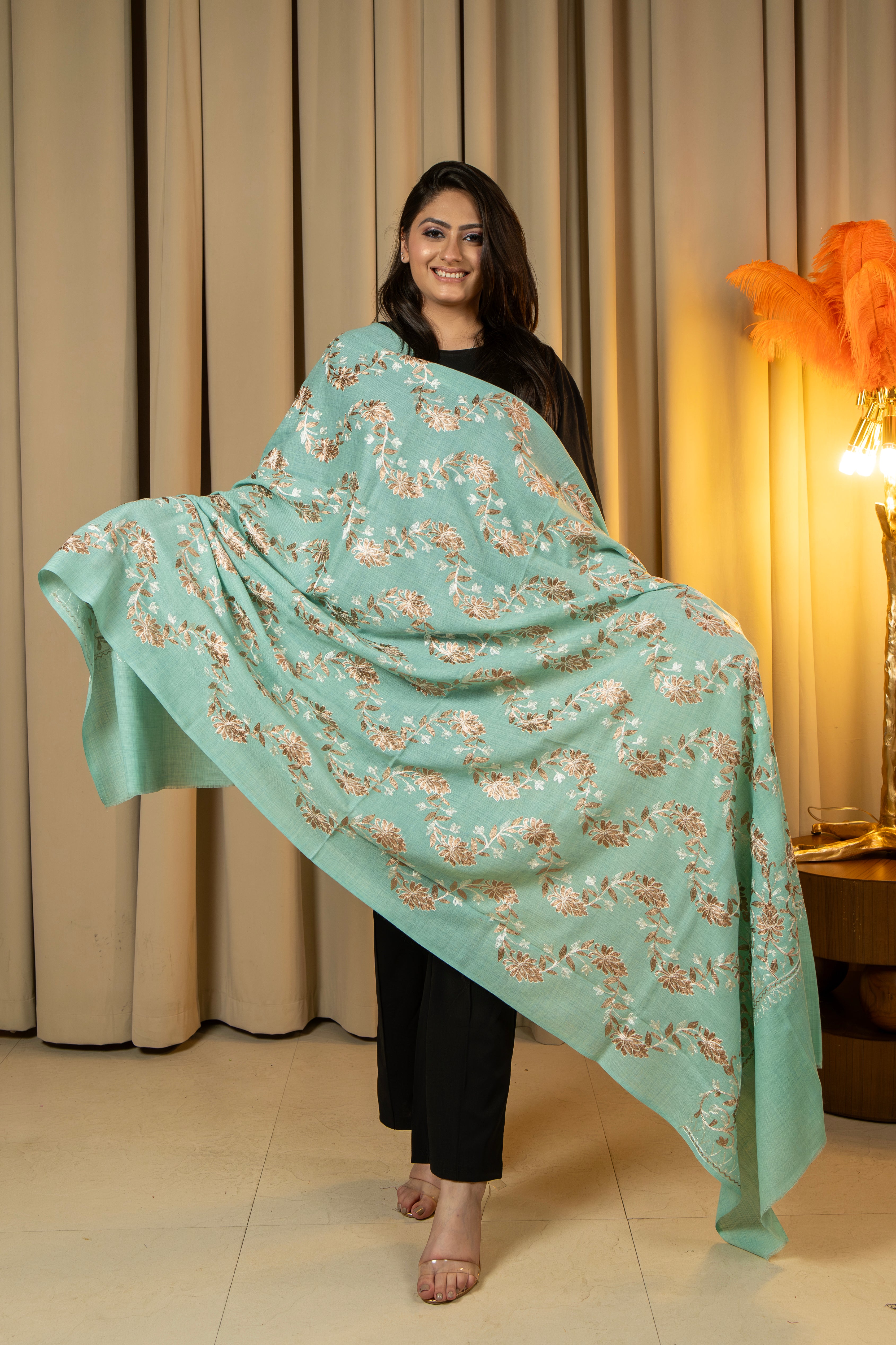 Aari Embroidered Green Poly Wool Shawl For Women