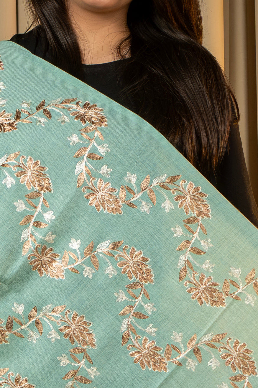 Aari Embroidered Green Poly Wool Shawl For Women