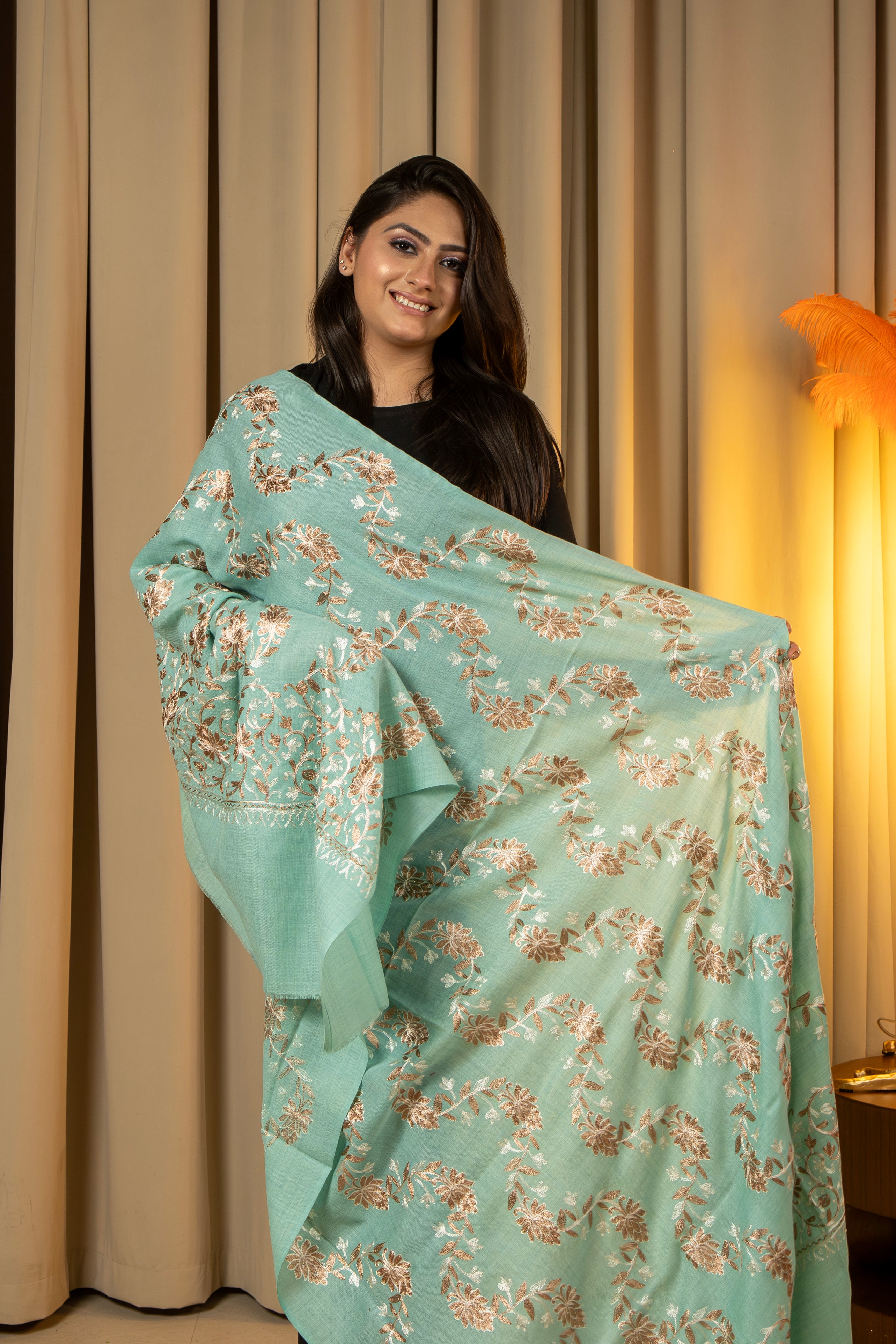 Aari Embroidered Green Poly Wool Shawl For Women