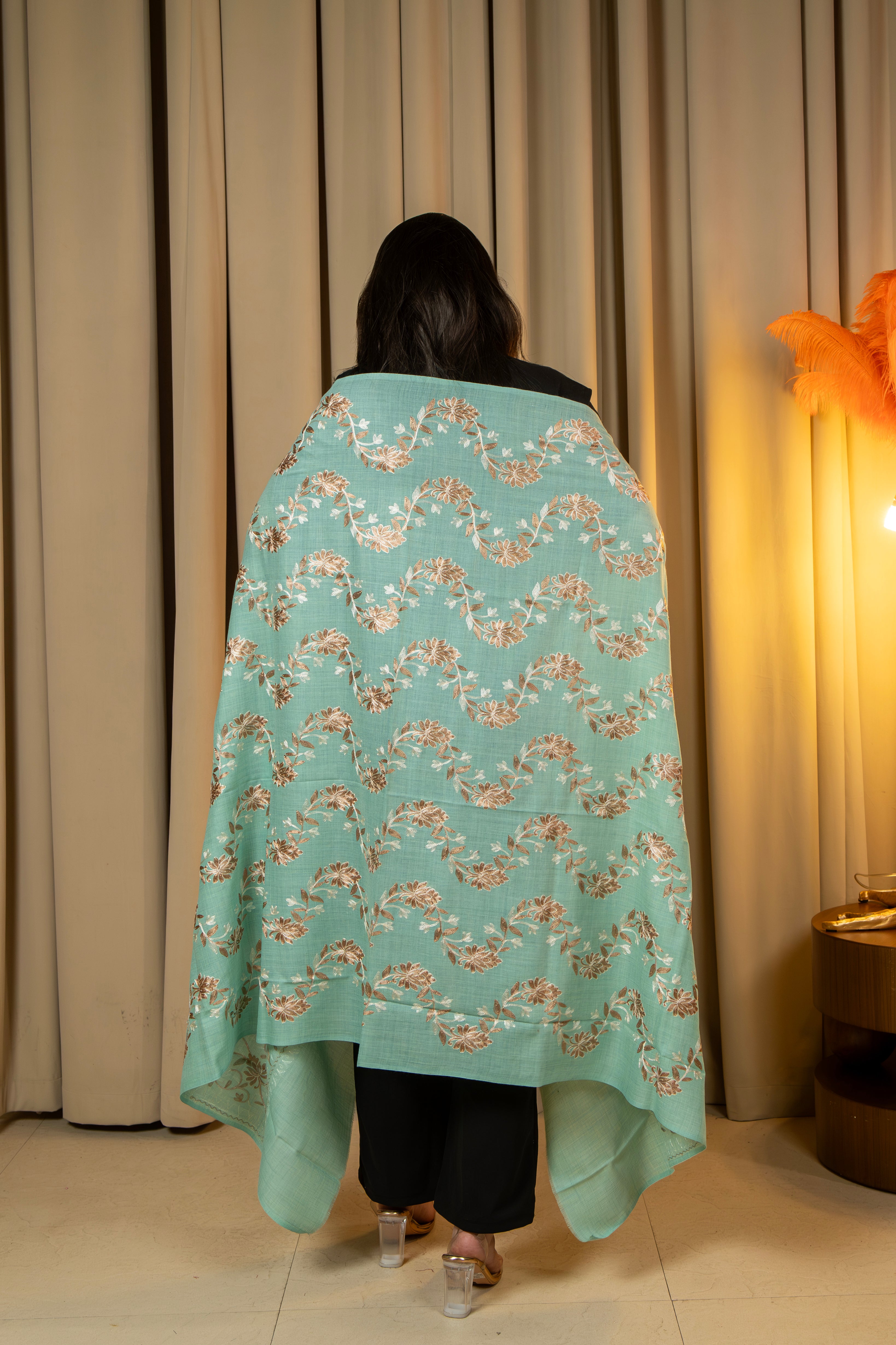 Aari Embroidered Green Poly Wool Shawl For Women