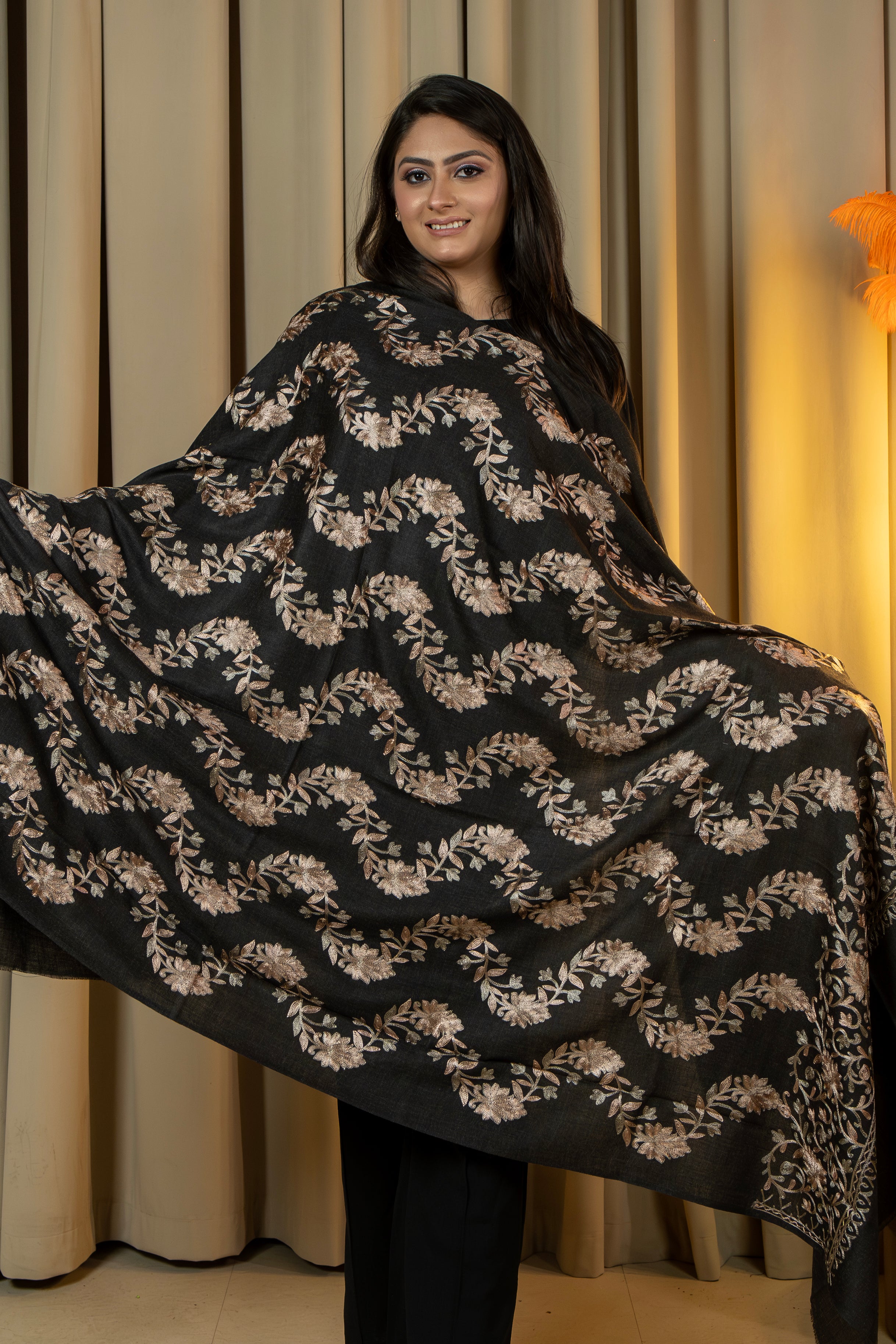 Aari Embroidered Black Poly Wool Shawl For Women