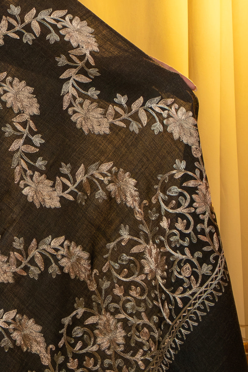 Aari Embroidered Black Poly Wool Shawl For Women