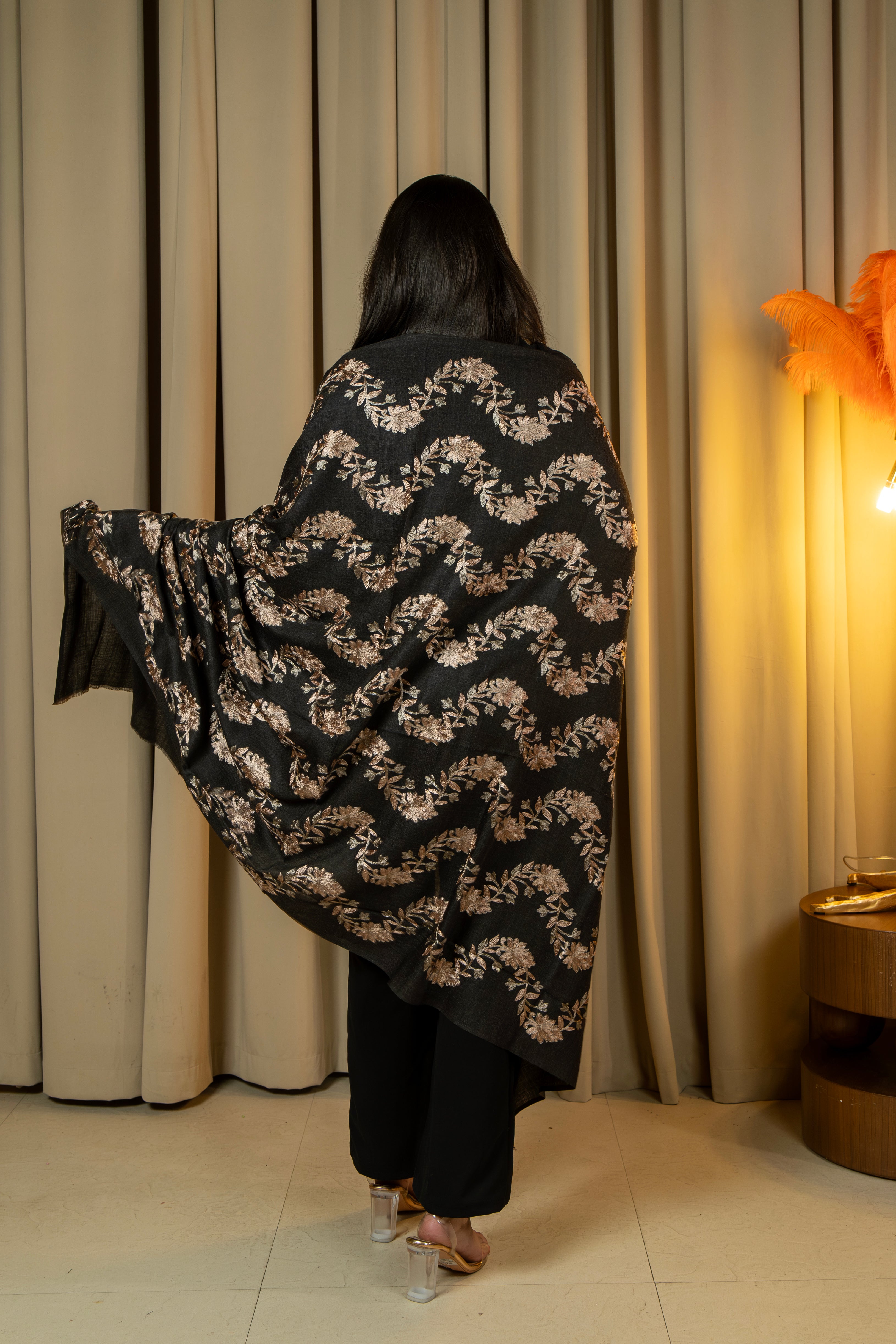 Aari Embroidered Black Poly Wool Shawl For Women