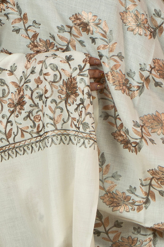 Aari Embroidered White Poly Wool Shawl For Women