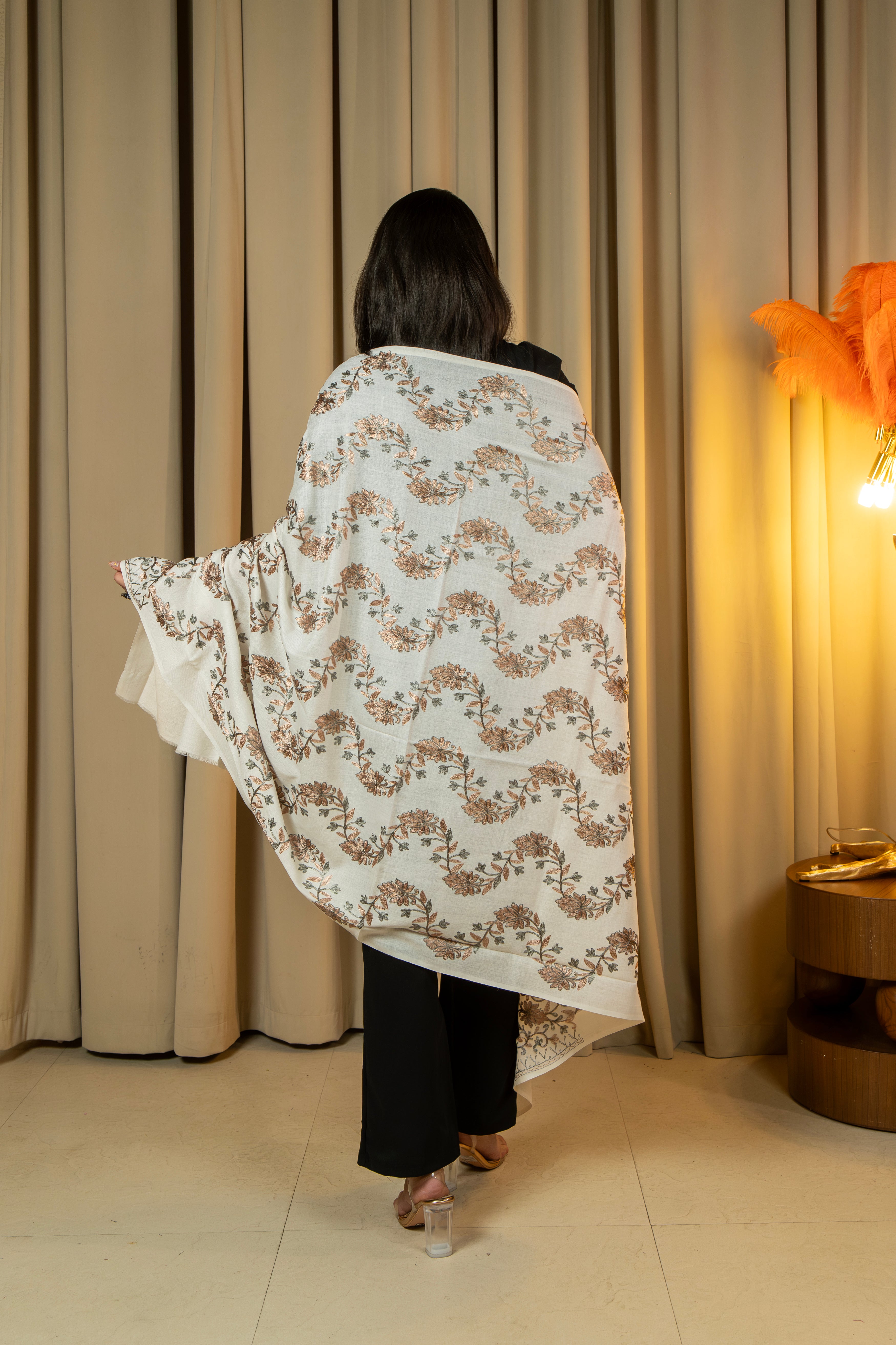 Aari Embroidered White Poly Wool Shawl For Women