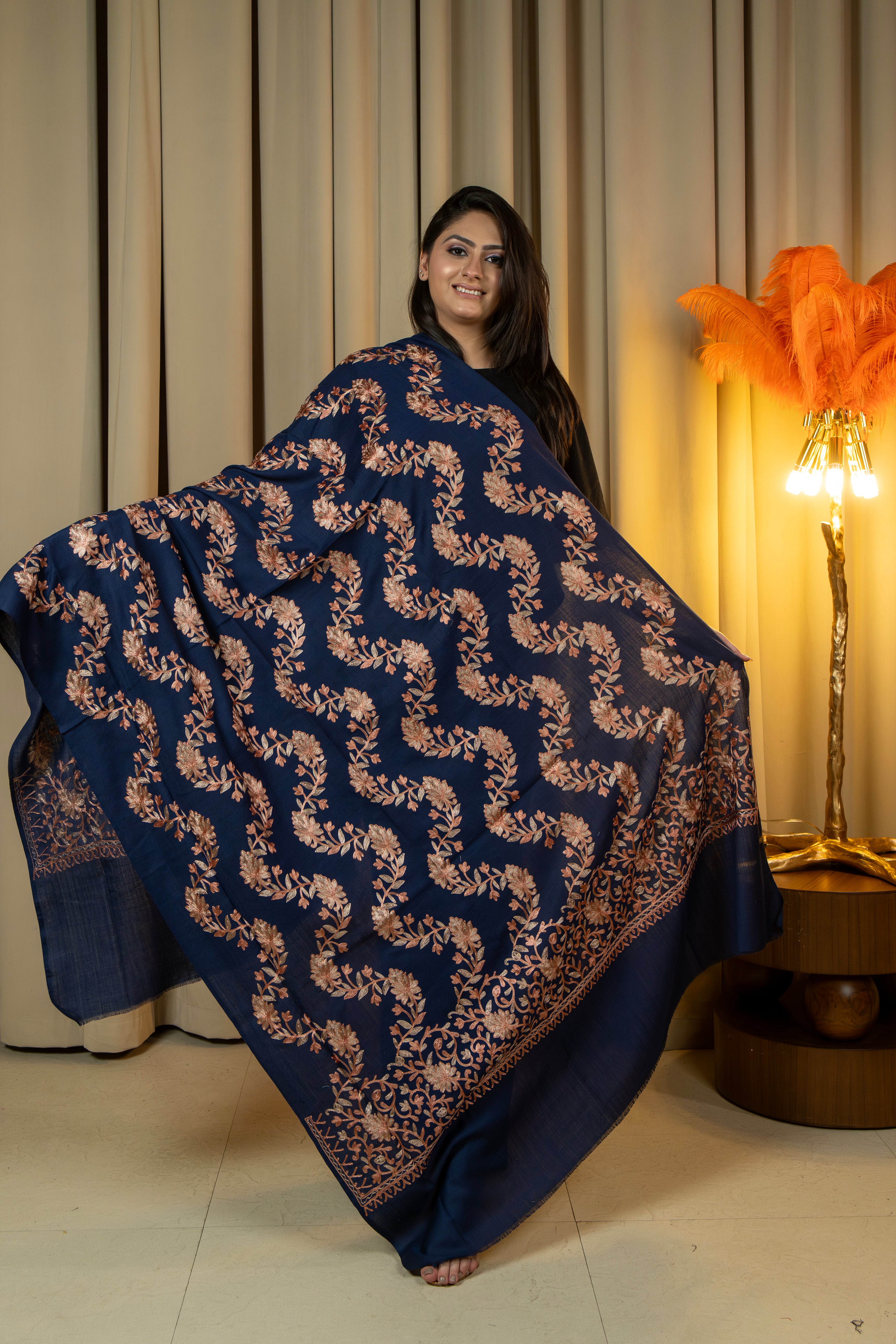 Aari Embroidered Navy Poly Wool Shawl For Women