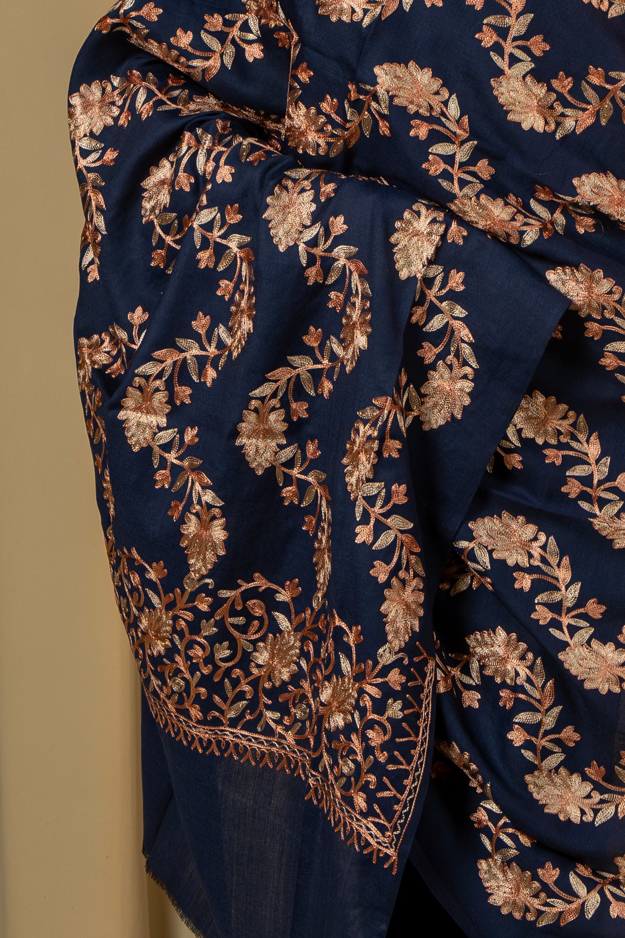 Aari Embroidered Navy Poly Wool Shawl For Women