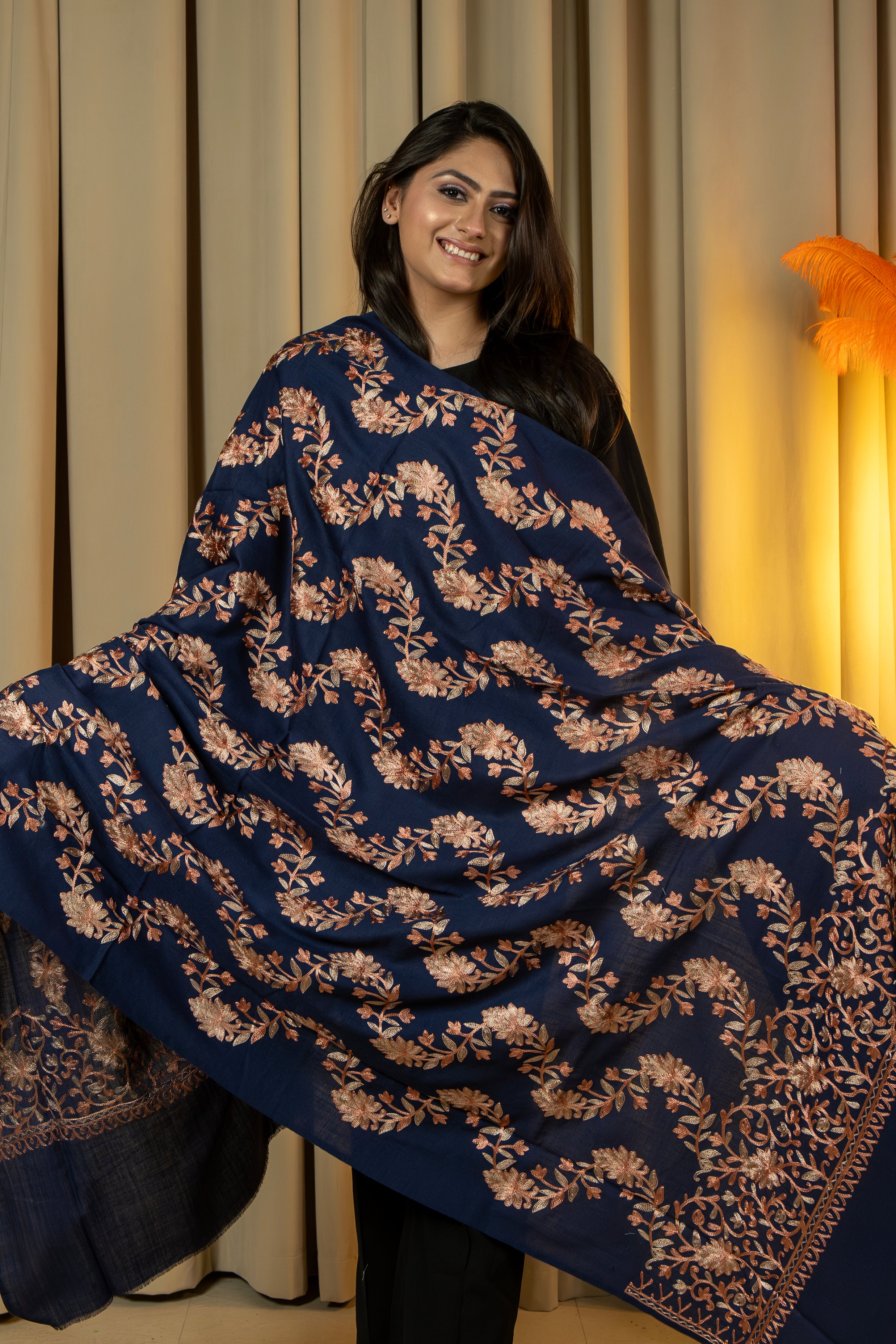 Aari Embroidered Navy Poly Wool Shawl For Women