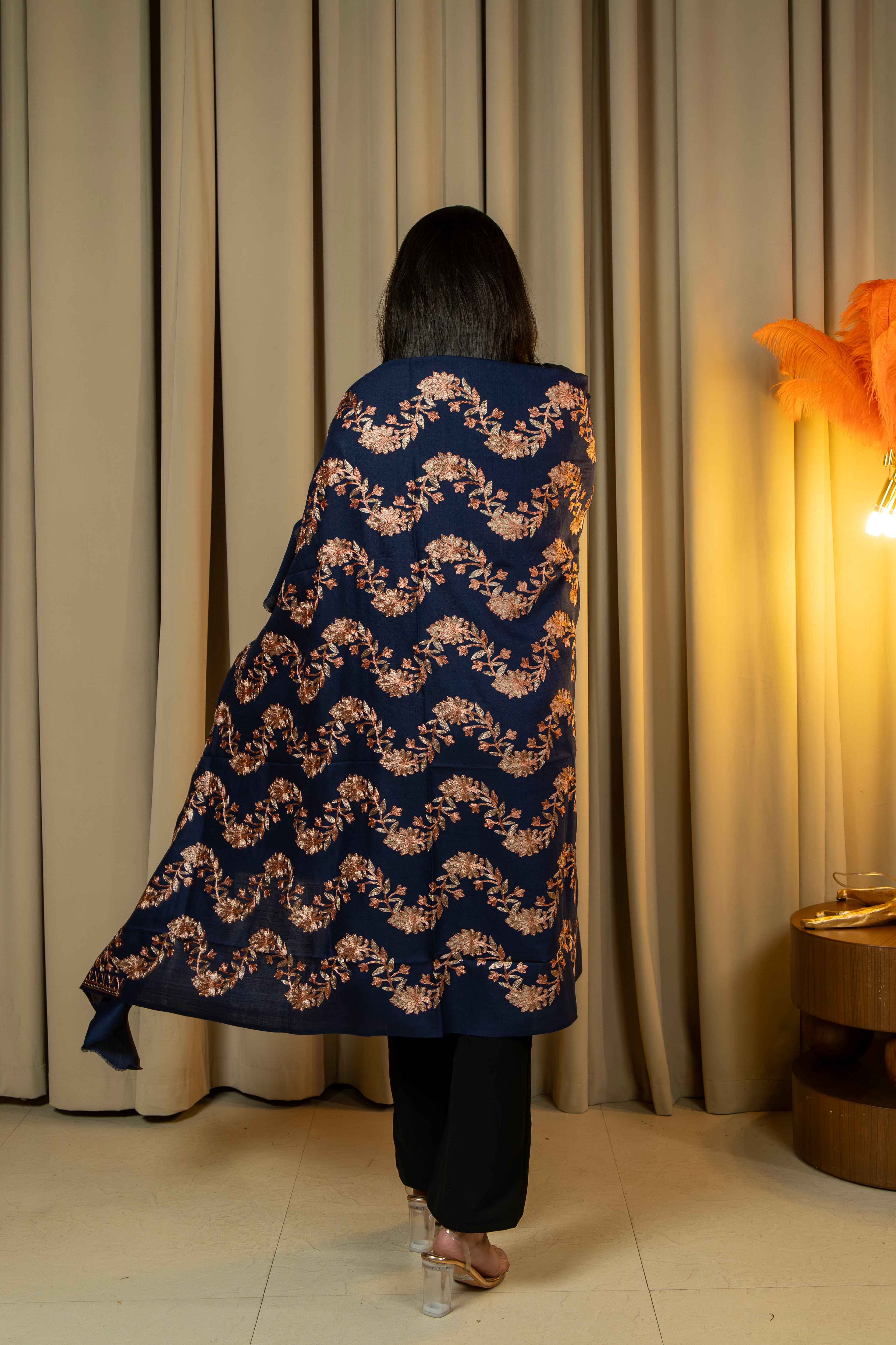 Aari Embroidered Navy Poly Wool Shawl For Women