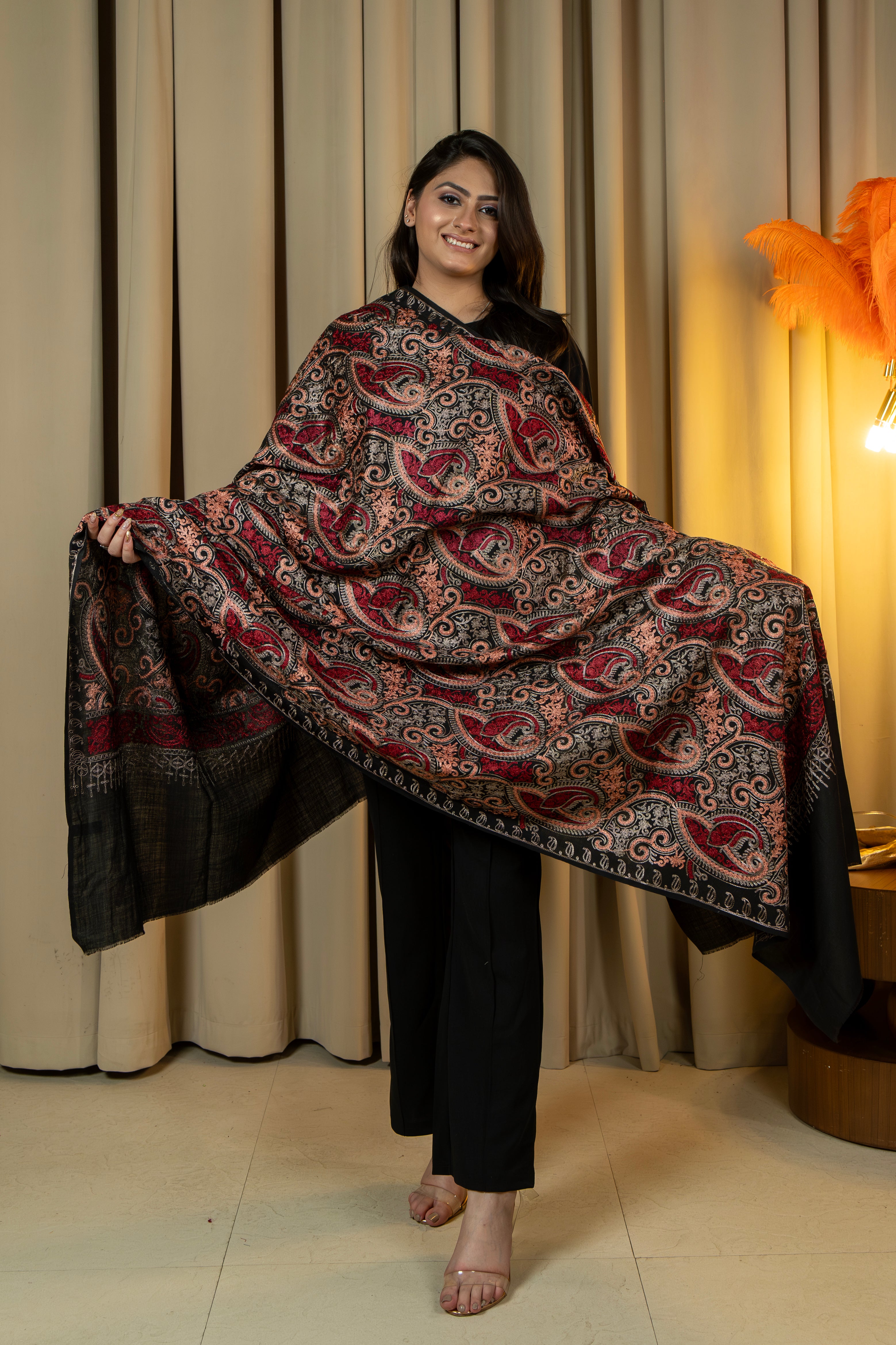 Aari Embroidered Black Poly Wool Shawl For Women