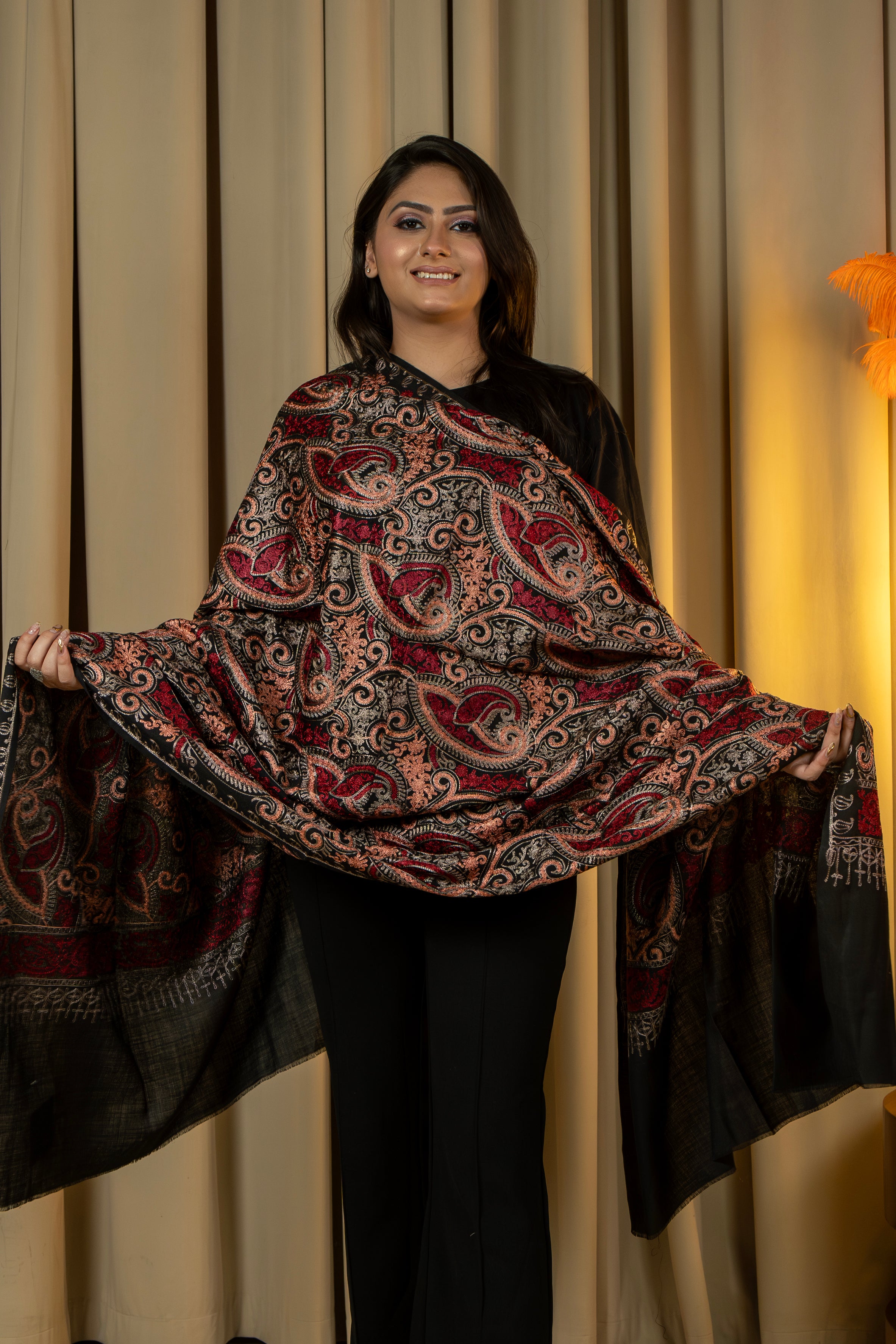 Aari Embroidered Black Poly Wool Shawl For Women
