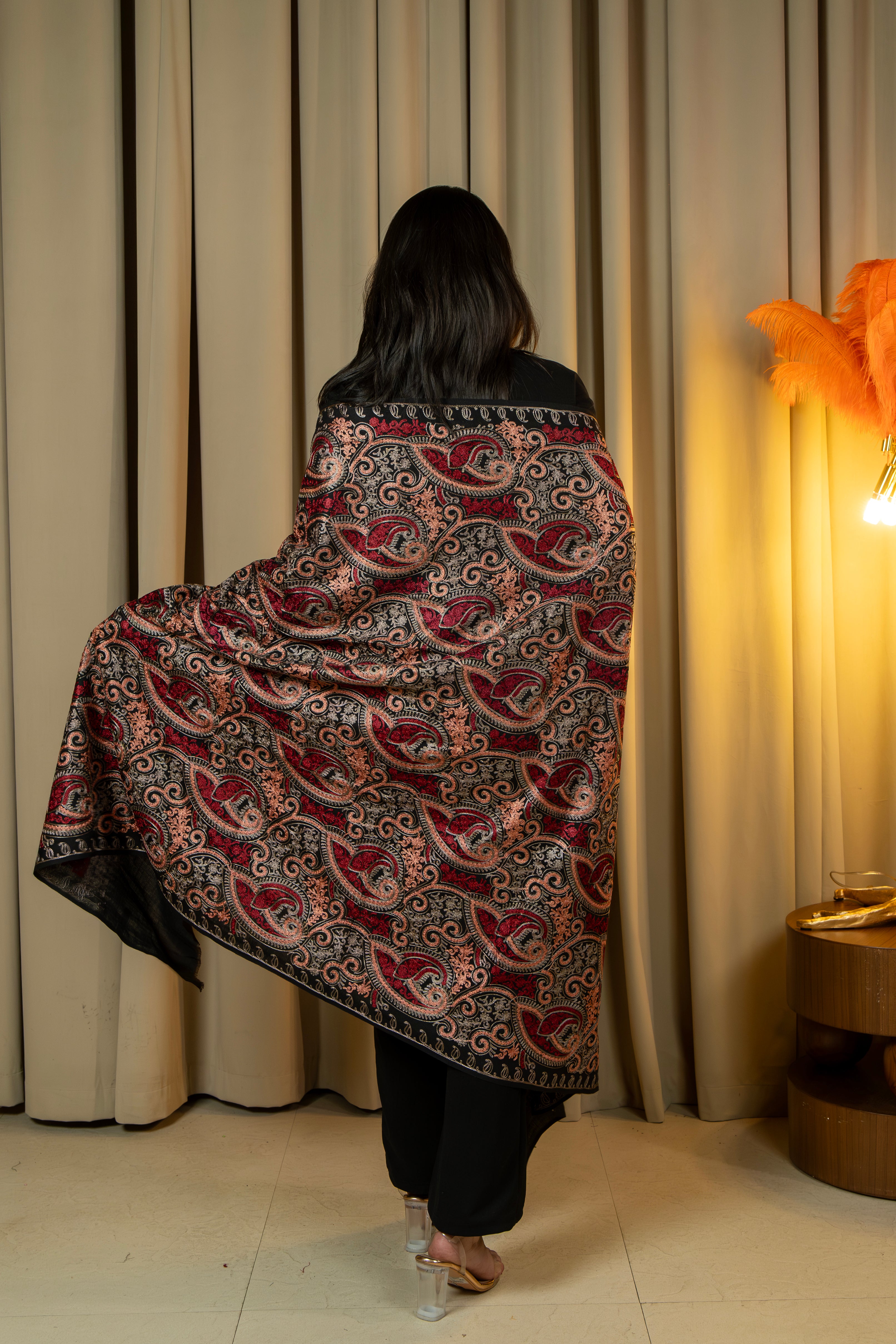 Aari Embroidered Black Poly Wool Shawl For Women